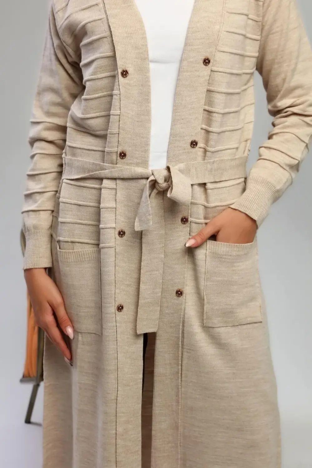 Kadın Triko Uzun Hırka Cepli V Yaka