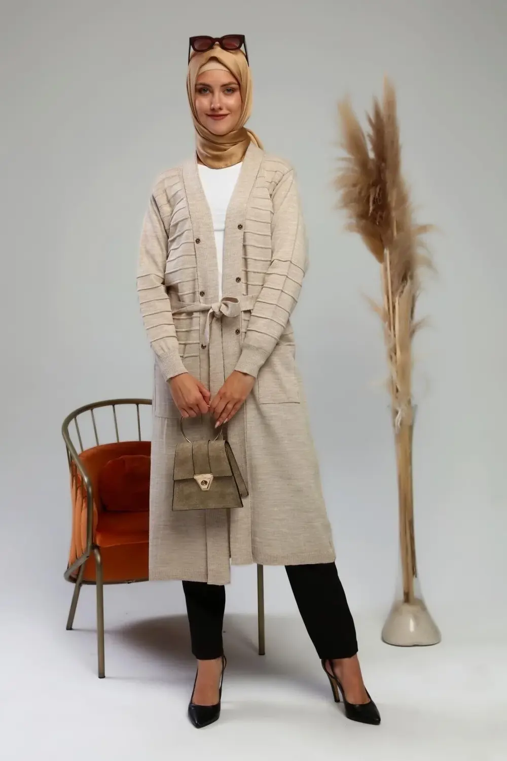 Kadın Triko Uzun Hırka Cepli V Yaka