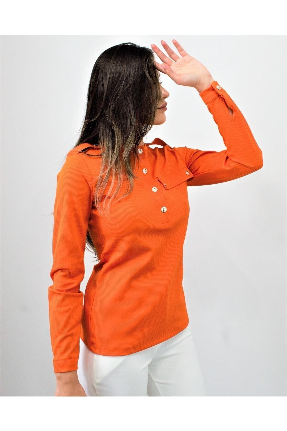 Kadın Turuncu Apoletli Düğmeli Yarım Patlı Cep Detaylı Uzun Kollu
