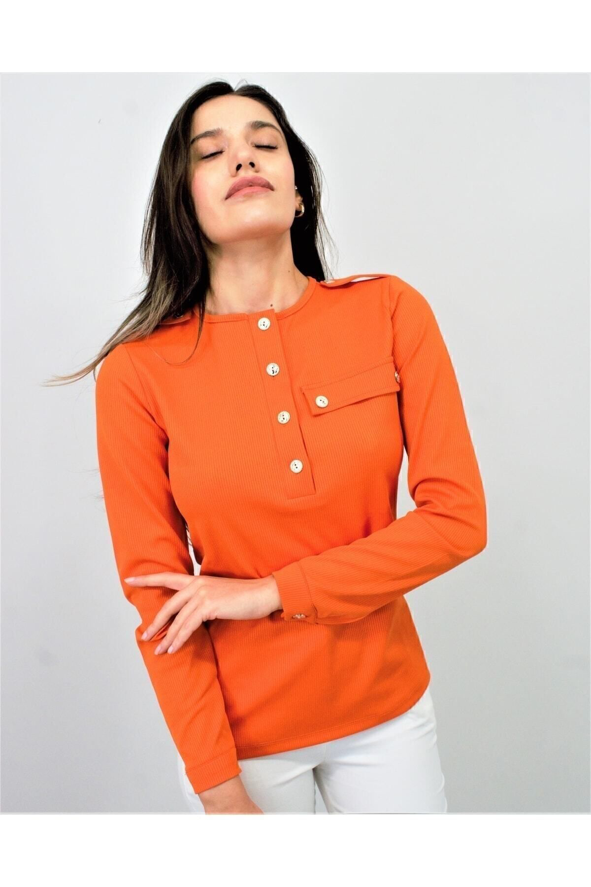 Kadın Turuncu Apoletli Düğmeli Yarım Patlı Cep Detaylı Uzun Kollu