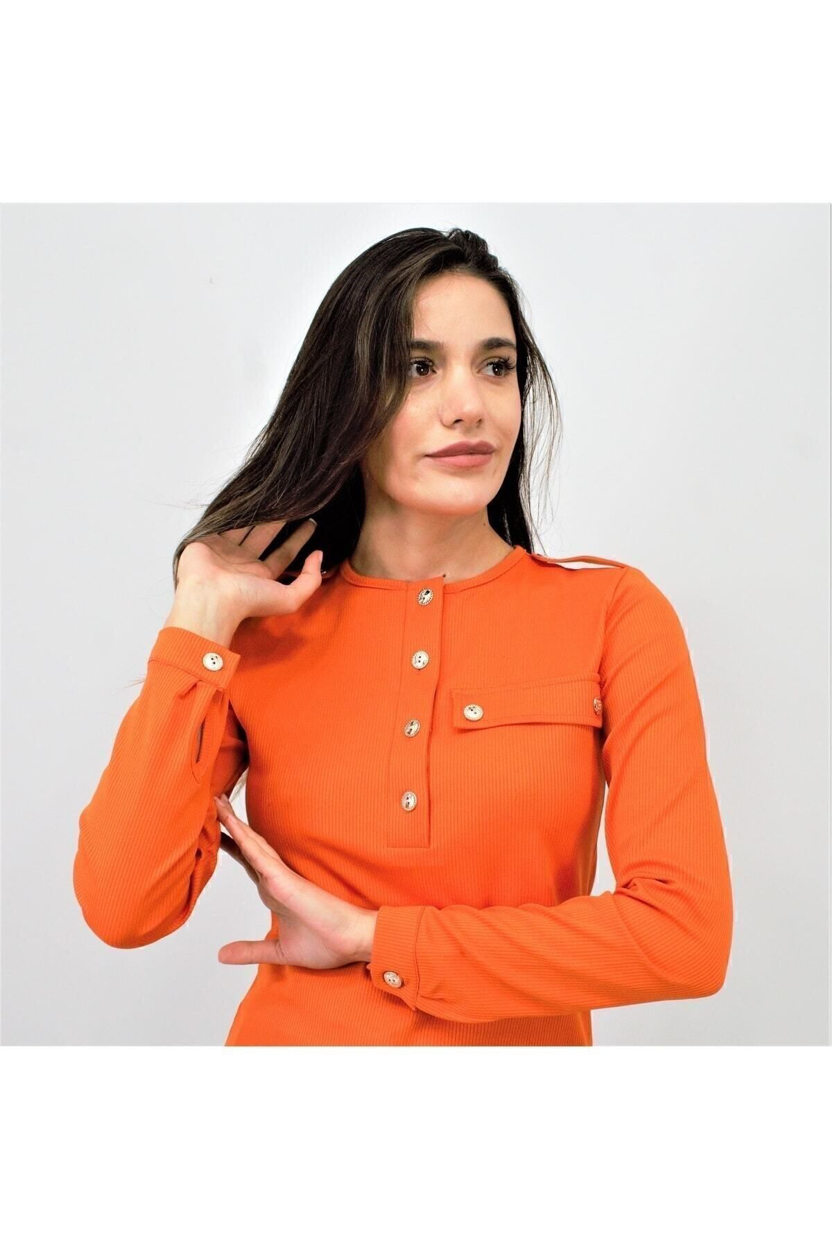 Kadın Turuncu Apoletli Düğmeli Yarım Patlı Cep Detaylı Uzun Kollu