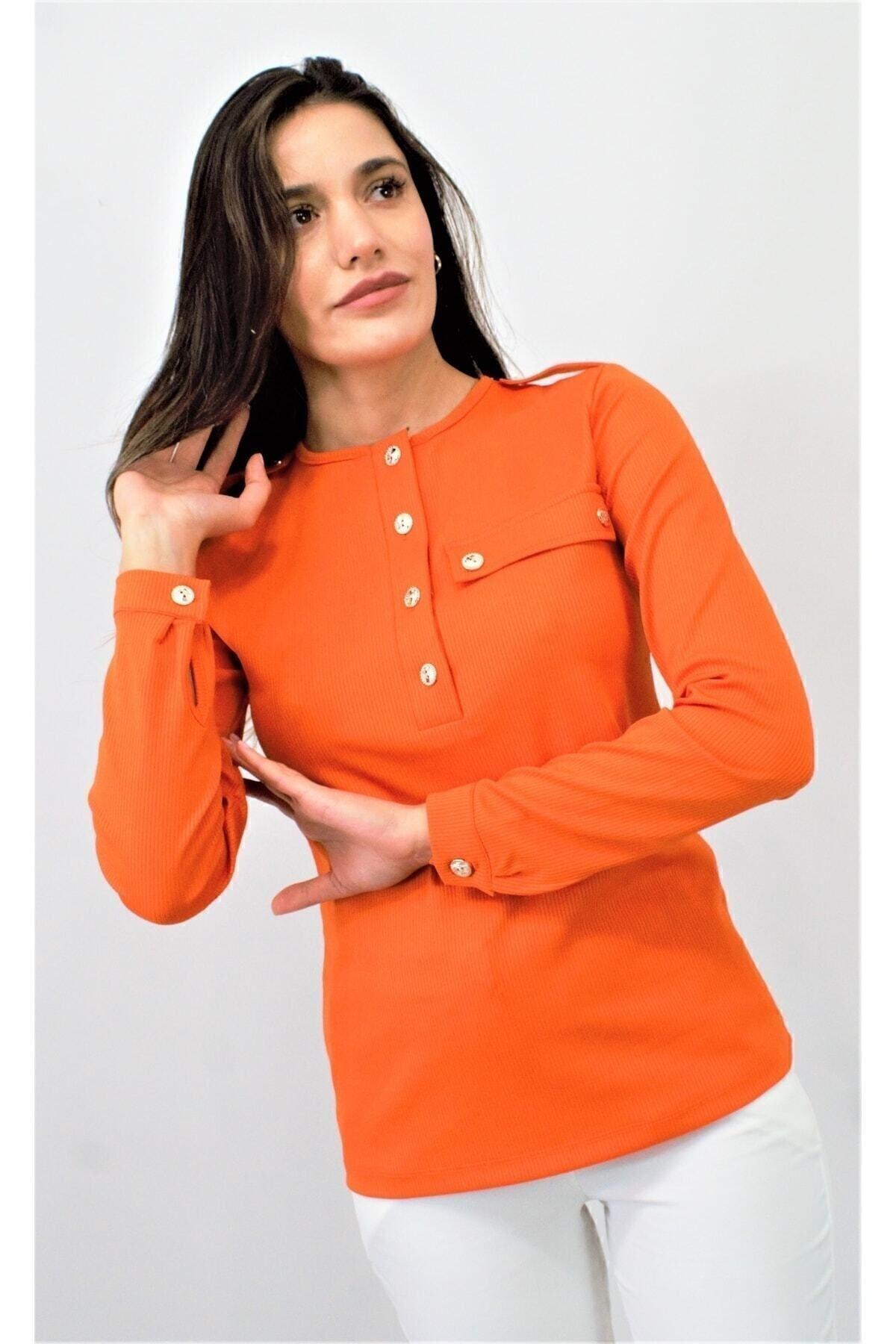 Kadın Turuncu Apoletli Düğmeli Yarım Patlı Cep Detaylı Uzun Kollu