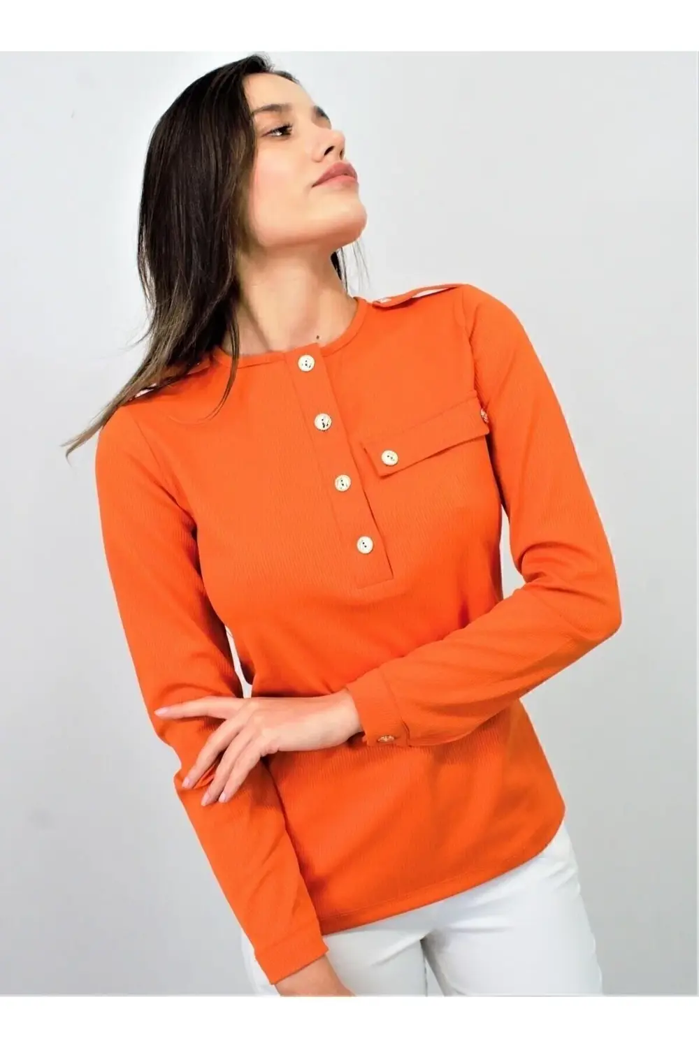 Kadın Turuncu Apoletli Düğmeli Yarım Patlı Cep Detaylı Uzun Kollu