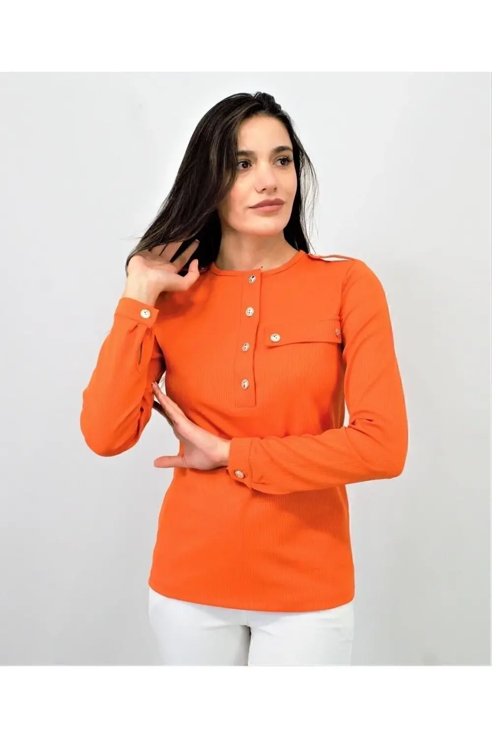 Kadın Turuncu Apoletli Düğmeli Yarım Patlı Cep Detaylı Uzun Kollu