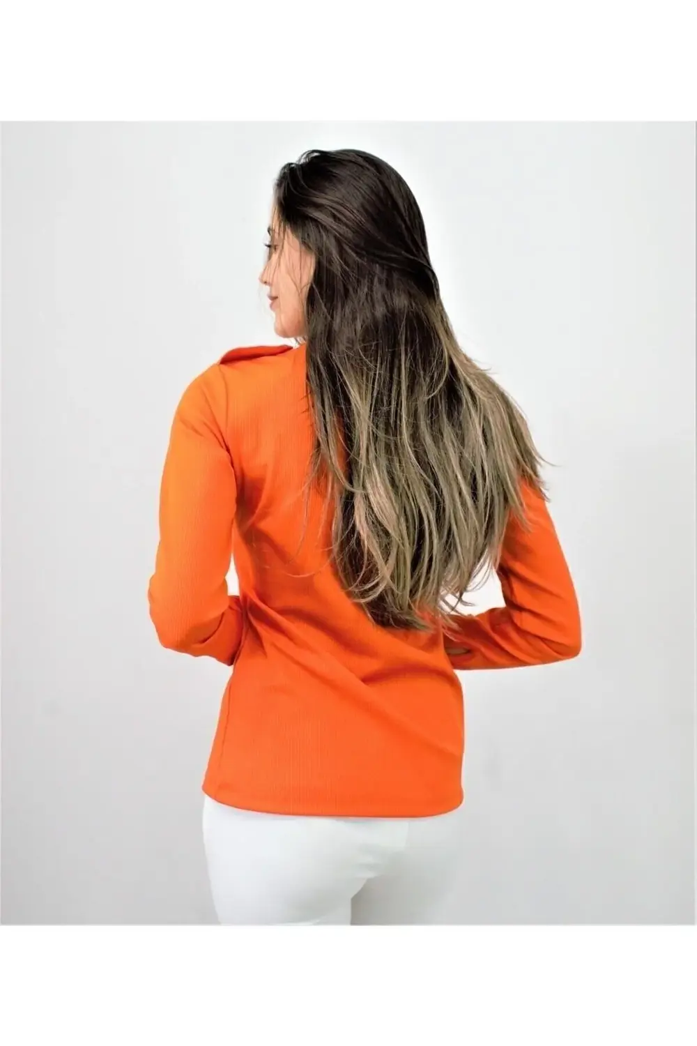 Kadın Turuncu Apoletli Düğmeli Yarım Patlı Cep Detaylı Uzun Kollu