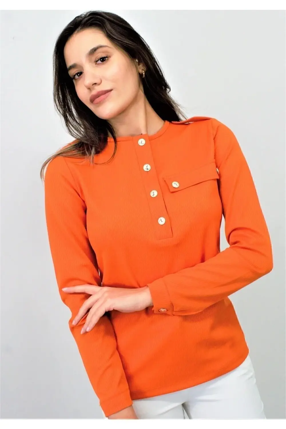 Kadın Turuncu Apoletli Düğmeli Yarım Patlı Cep Detaylı Uzun Kollu