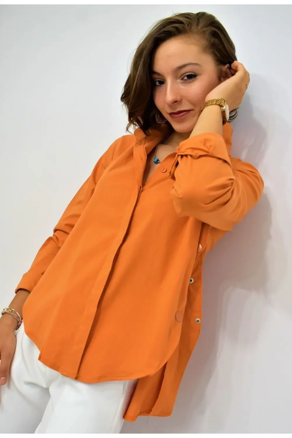 Kadın Turuncu Çıtçıt Detaylı Uzun Kollu Rahat Tunik Gömlek Ss6435