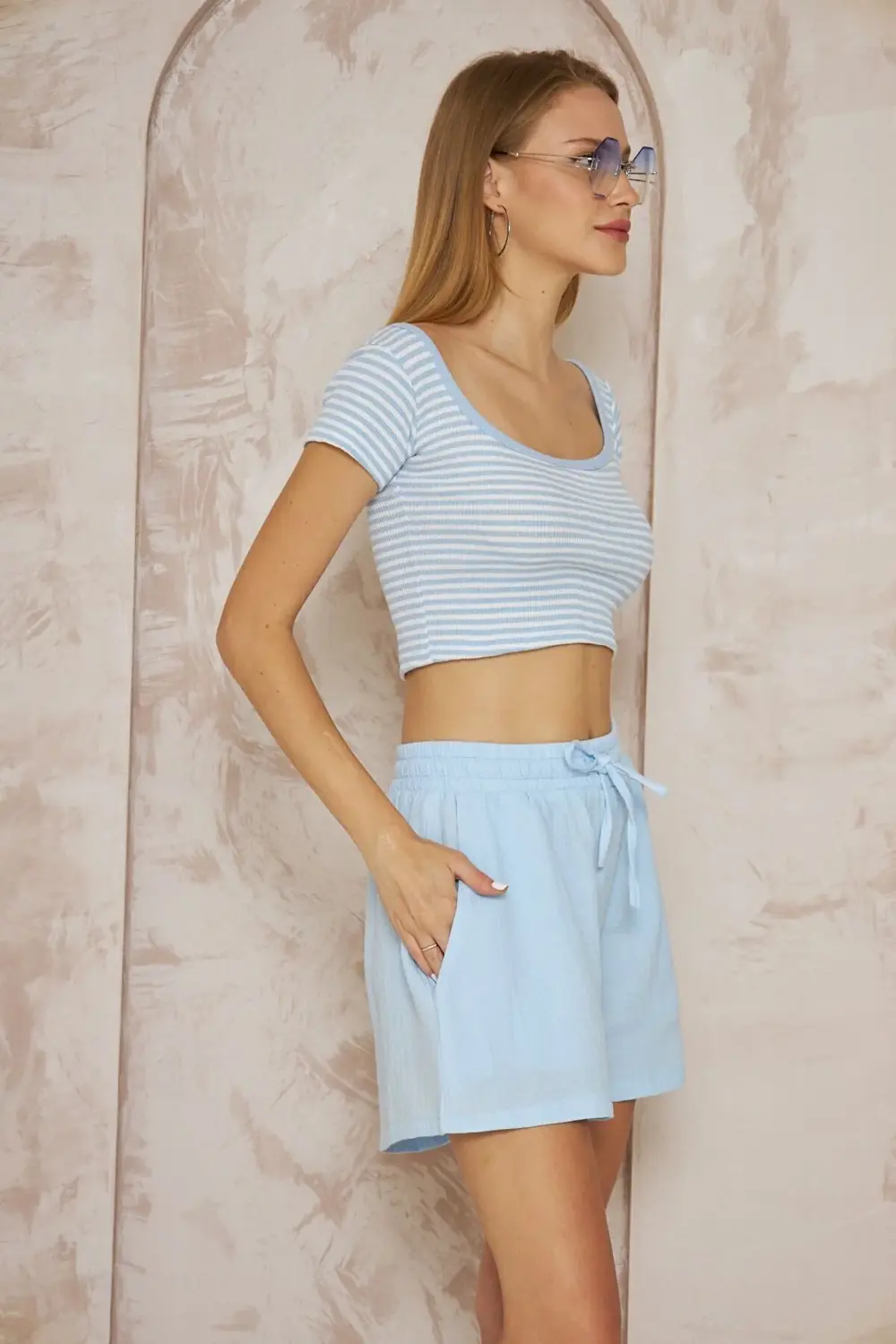 Kadın Turuncu Müslin Pamuk Cepli Beli Lastikli Salaş Şort 3425180