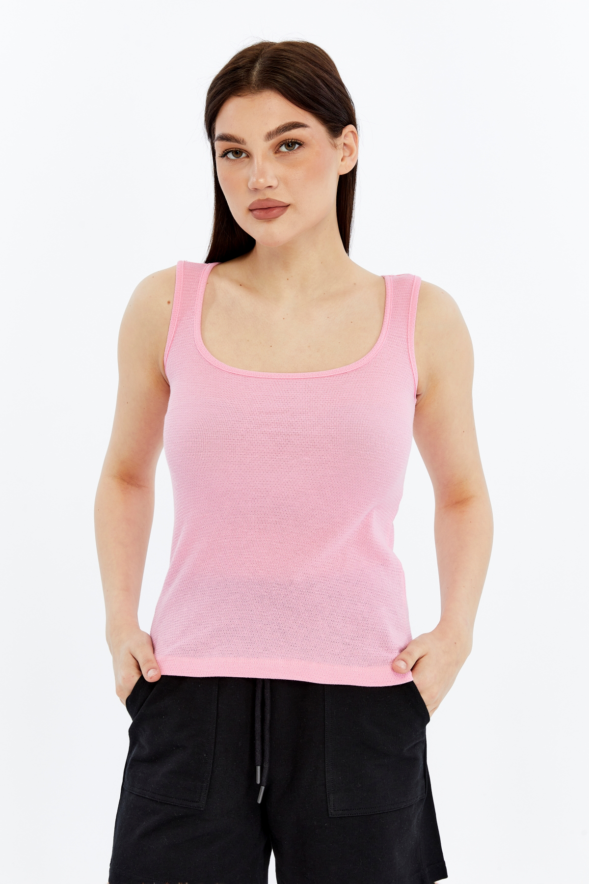 Kadın U Yaka %100 Pamuklu Kolsuz Dokulu Esnek Basic Günlük Tişört