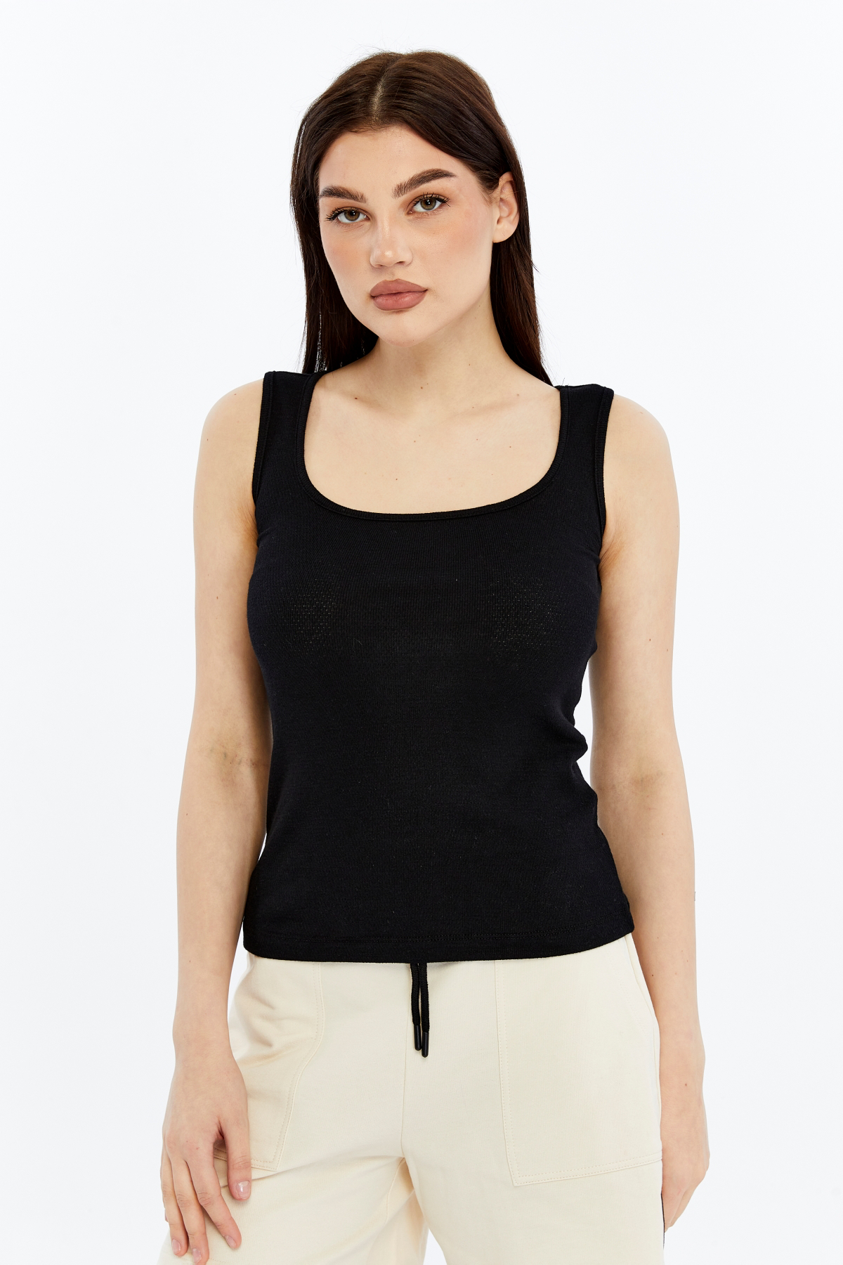 Kadın U Yaka %100 Pamuklu Kolsuz Dokulu Esnek Basic Günlük Tişört