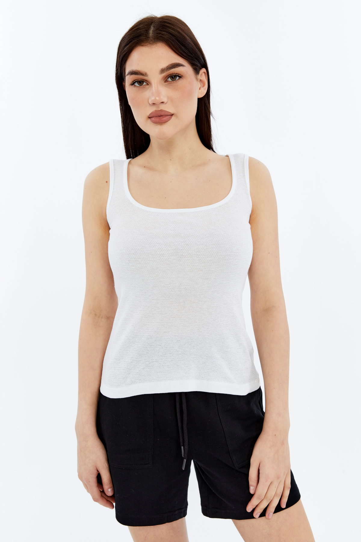 Kadın U Yaka %100 Pamuklu Kolsuz Dokulu Esnek Basic Günlük Tişört