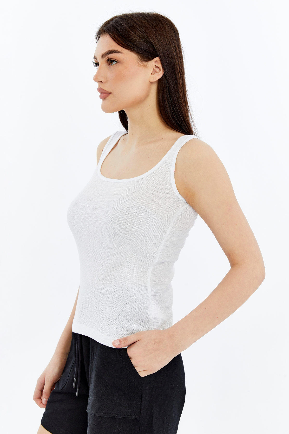 Kadın U Yaka %100 Pamuklu Kolsuz Dokulu Esnek Basic Günlük Tişört