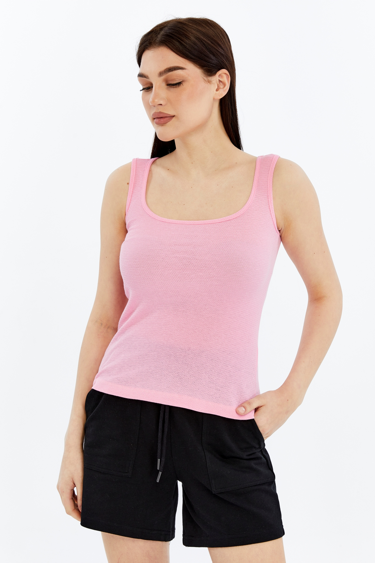 Kadın U Yaka %100 Pamuklu Kolsuz Dokulu Esnek Basic Günlük Tişört