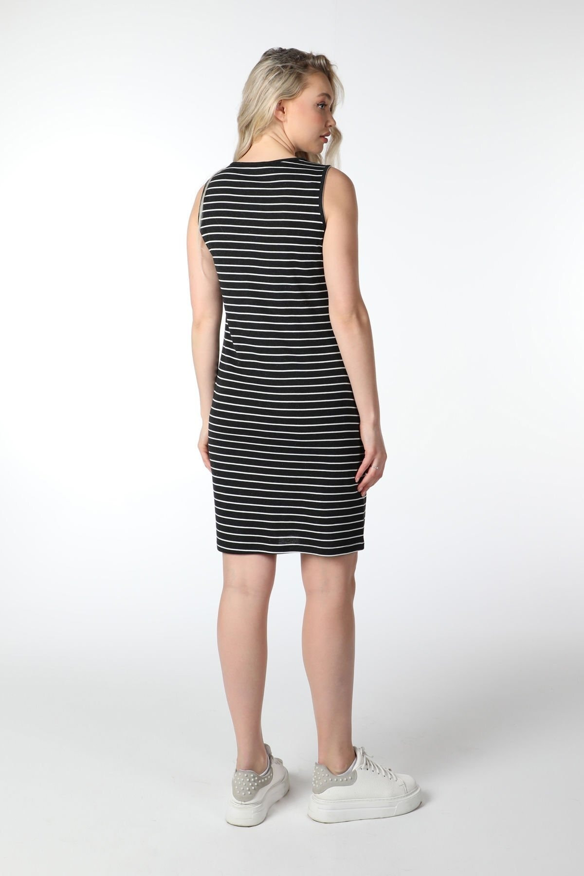 Kadın U Yaka Sıfır Kol Regular Fit Çizgili Elbise Antarsit-Beyaz