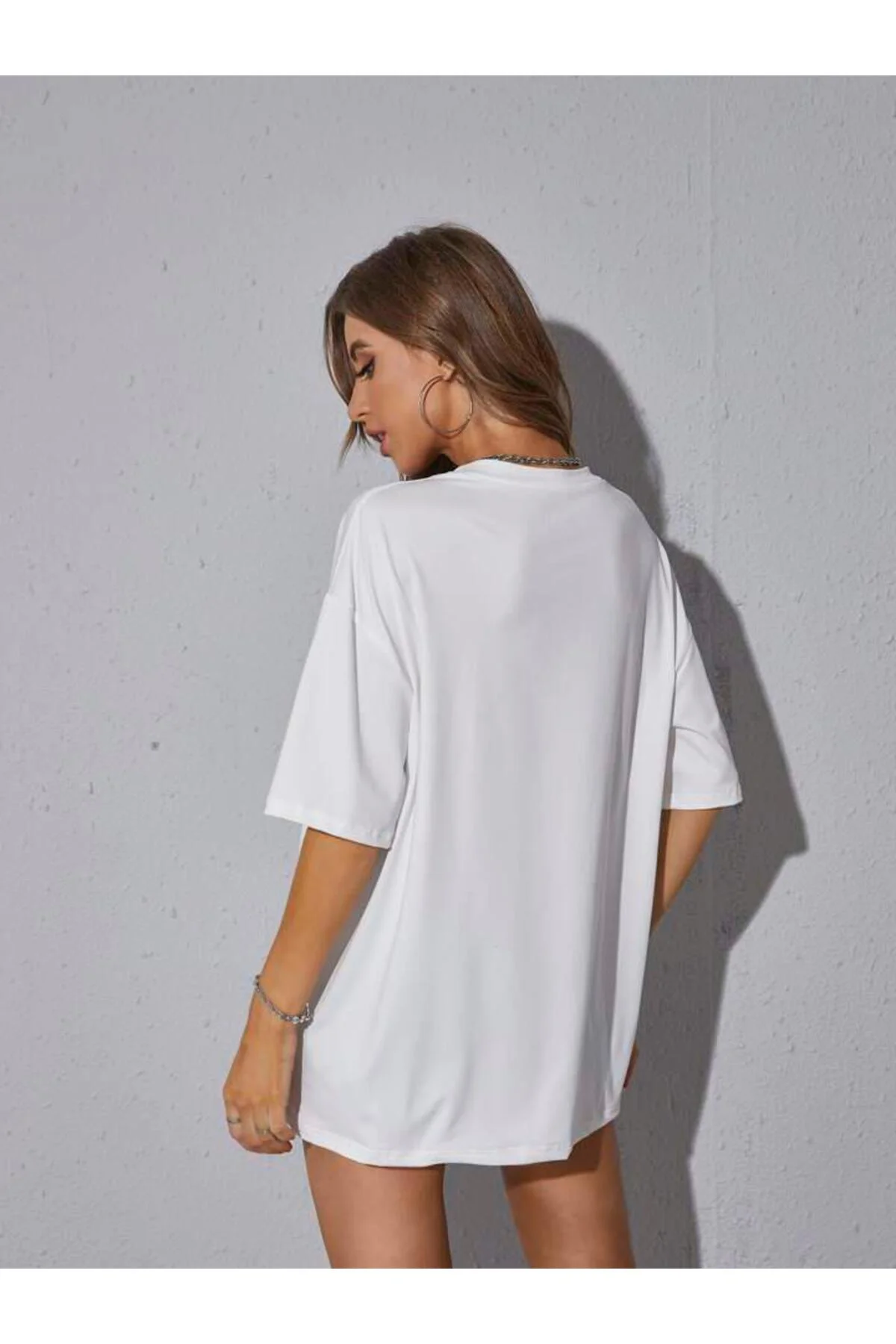 Kadın Unisex Uzun Pamuk Bisiklet Yaka Beyaz Boyfriend Oversize T-shirt Basic %100 Pamuk
