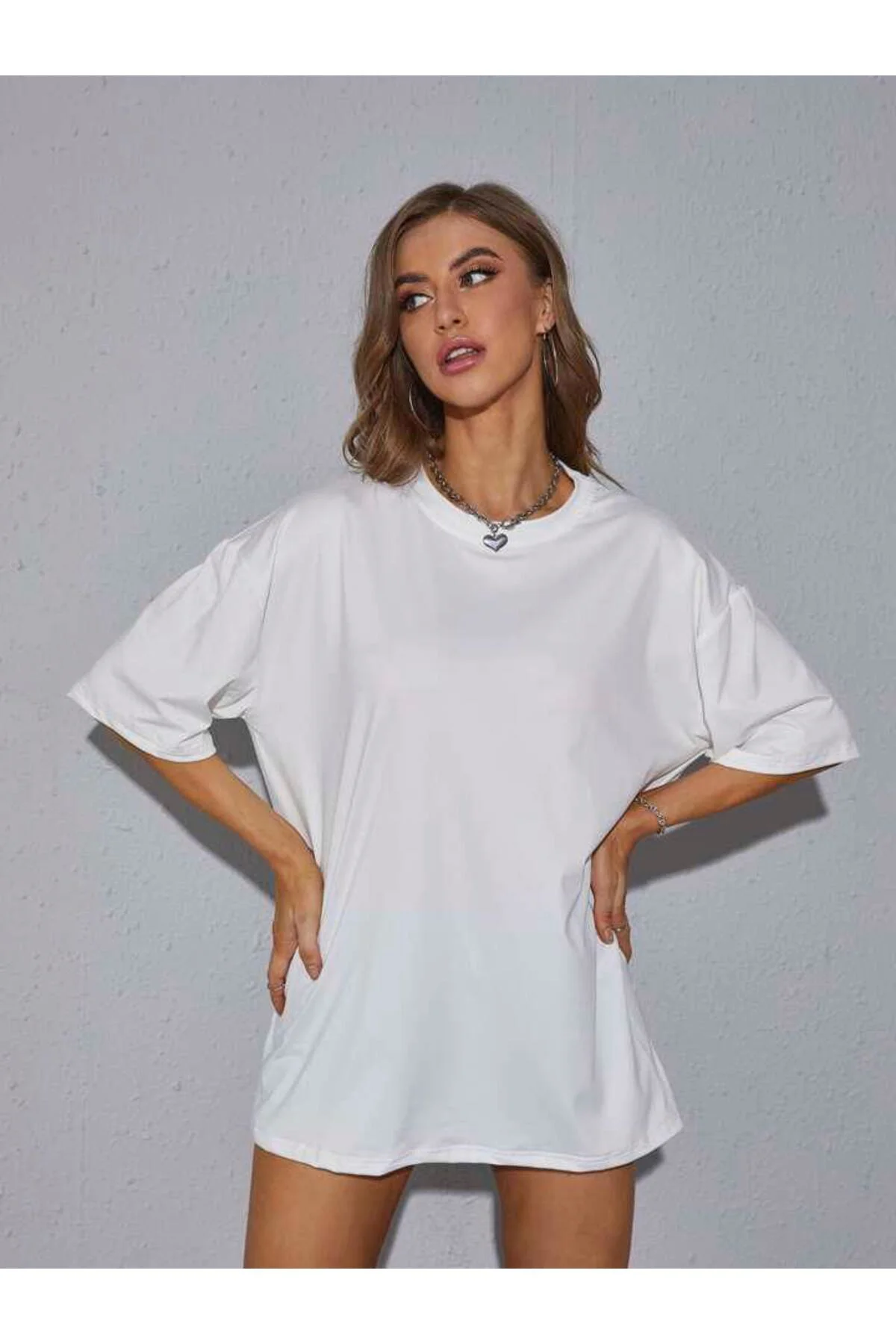 Kadın Unisex Uzun Pamuk Bisiklet Yaka Beyaz Boyfriend Oversize T-shirt Basic %100 Pamuk