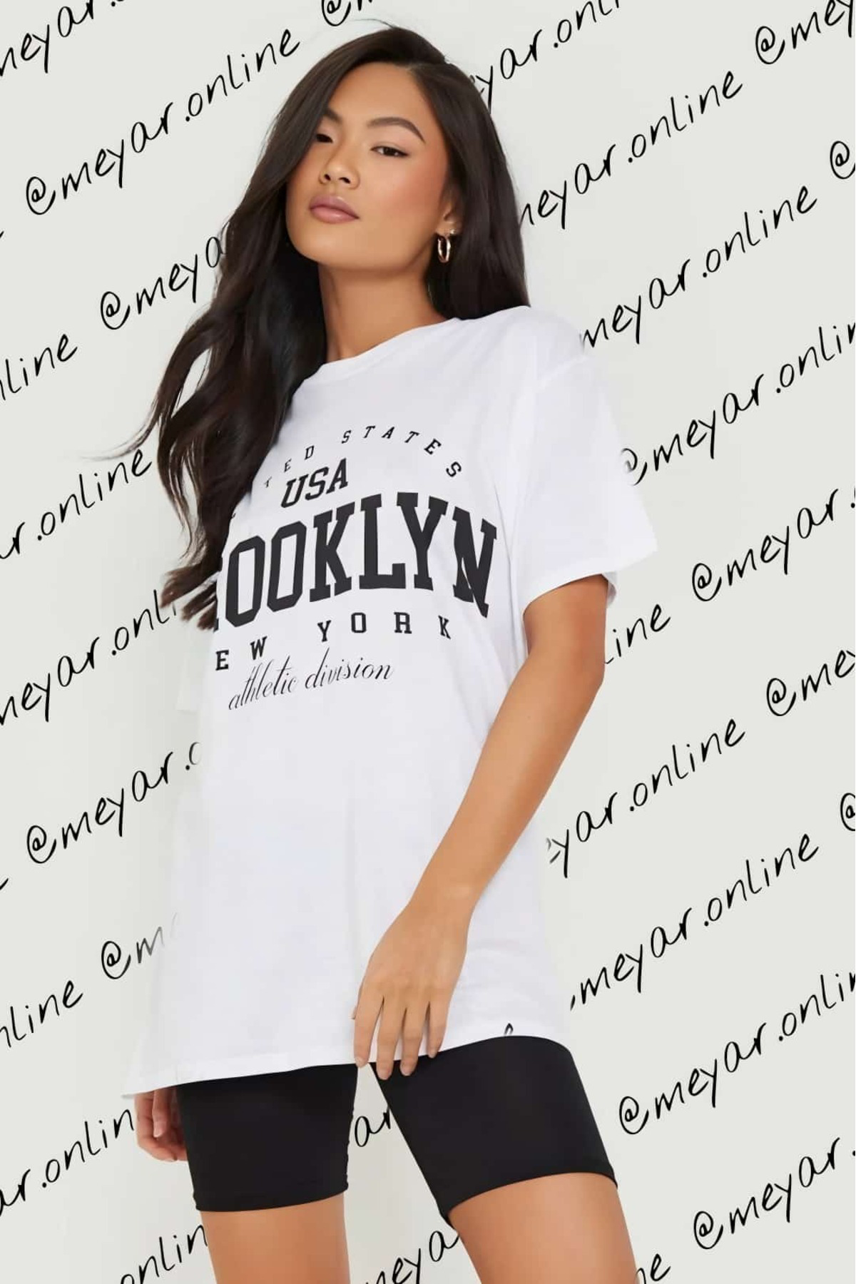 Kadın Usa Brooklyn Göğüs Baskılı Oversize Bisiklet Yaka T-shirt