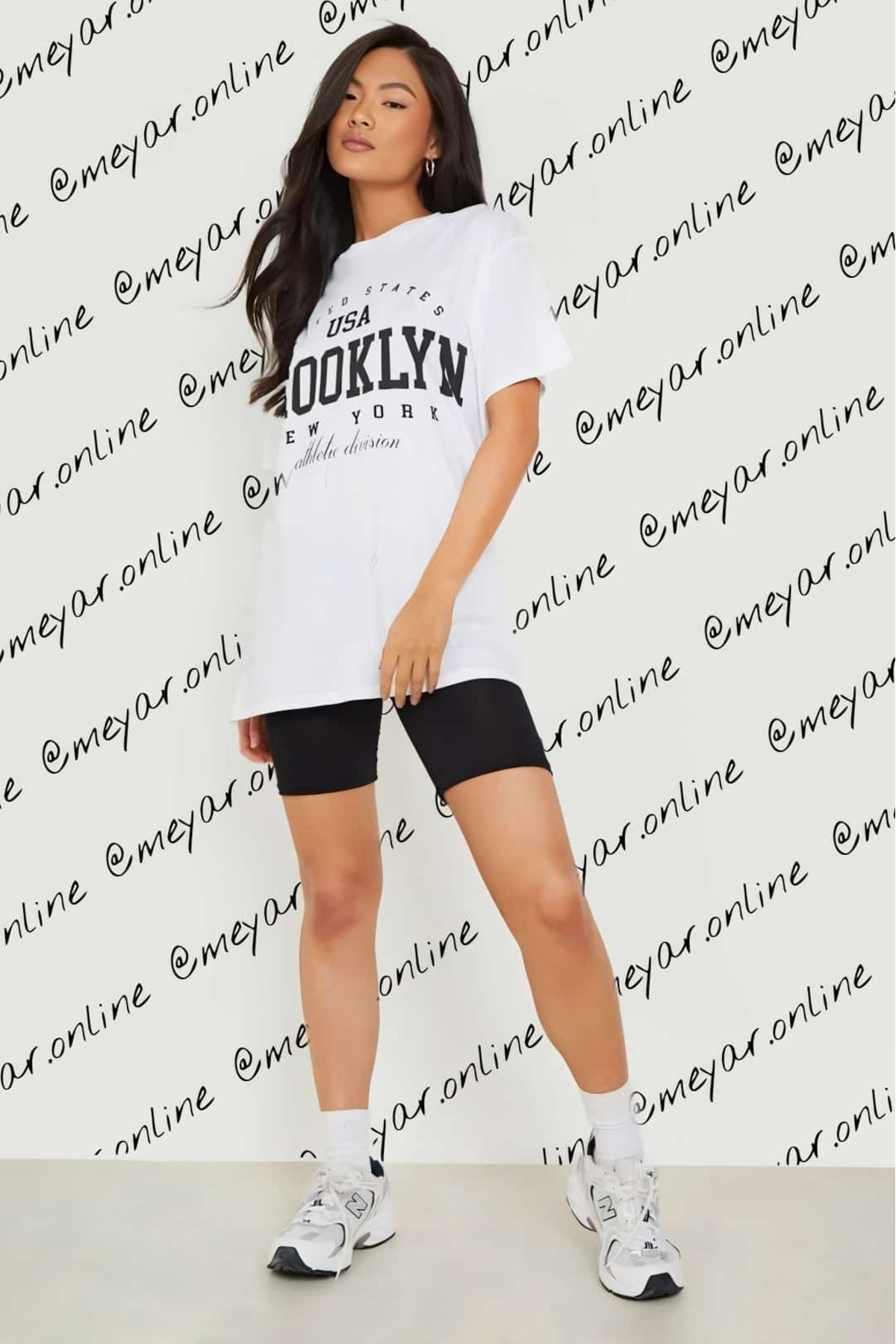 Kadın Usa Brooklyn Göğüs Baskılı Oversize Bisiklet Yaka T-shirt