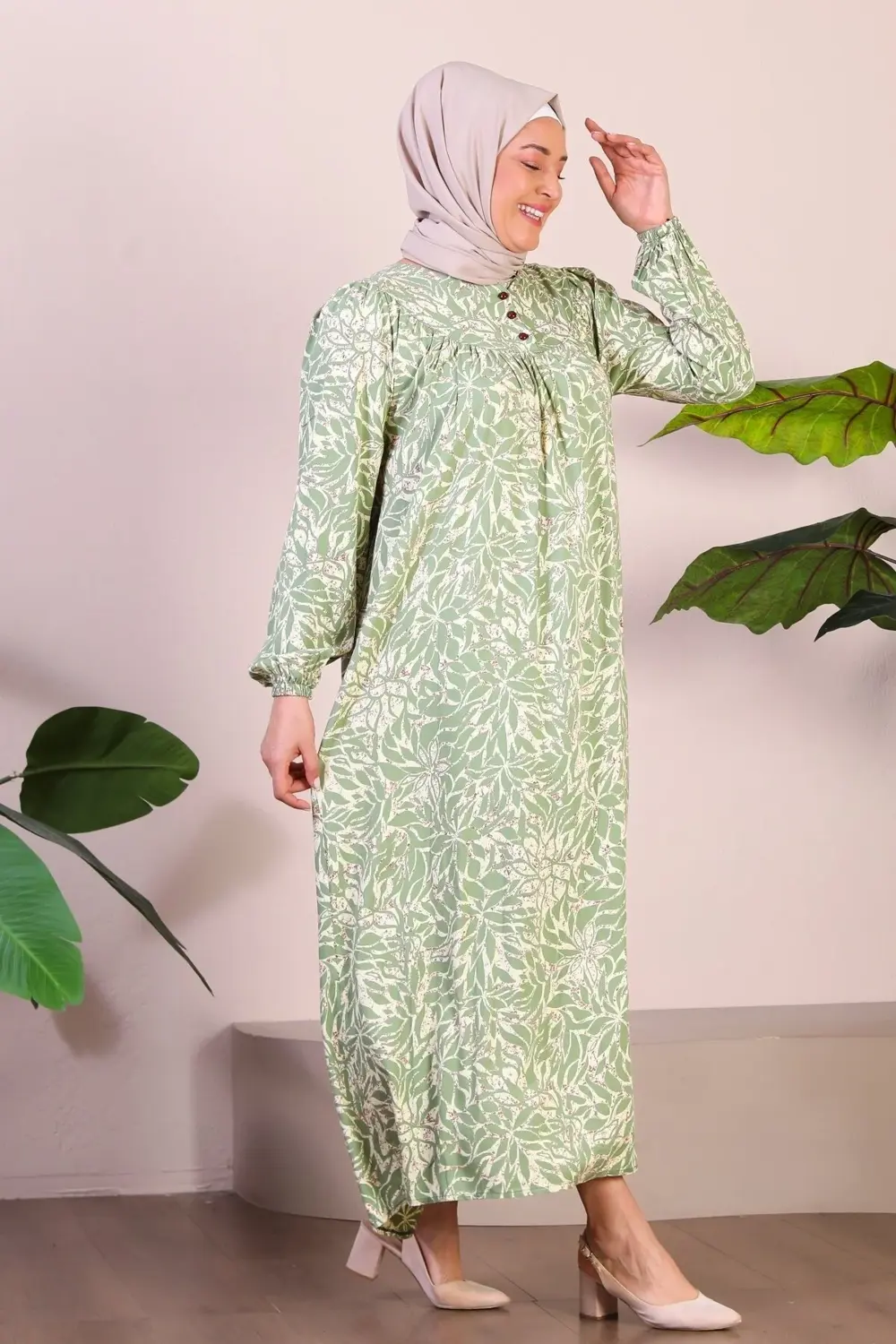 Kadın Uzun Buyuk Beden Anne Elbise Yazlik Tesettur Giyim Su Yeşil