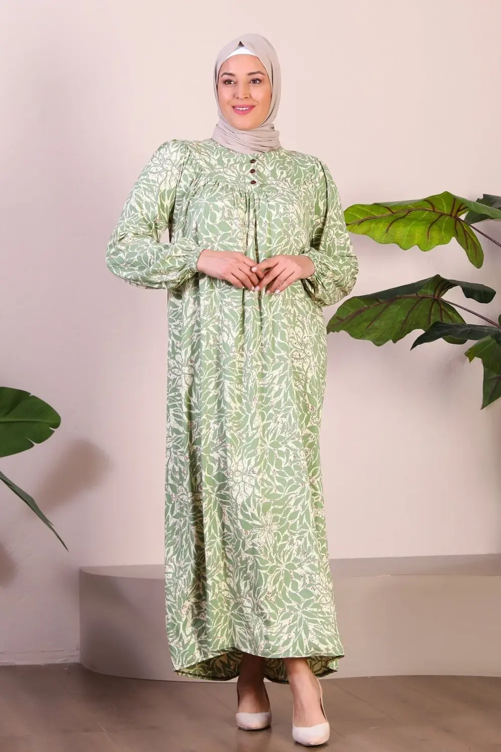 Kadın Uzun Buyuk Beden Anne Elbise Yazlik Tesettur Giyim Su Yeşil