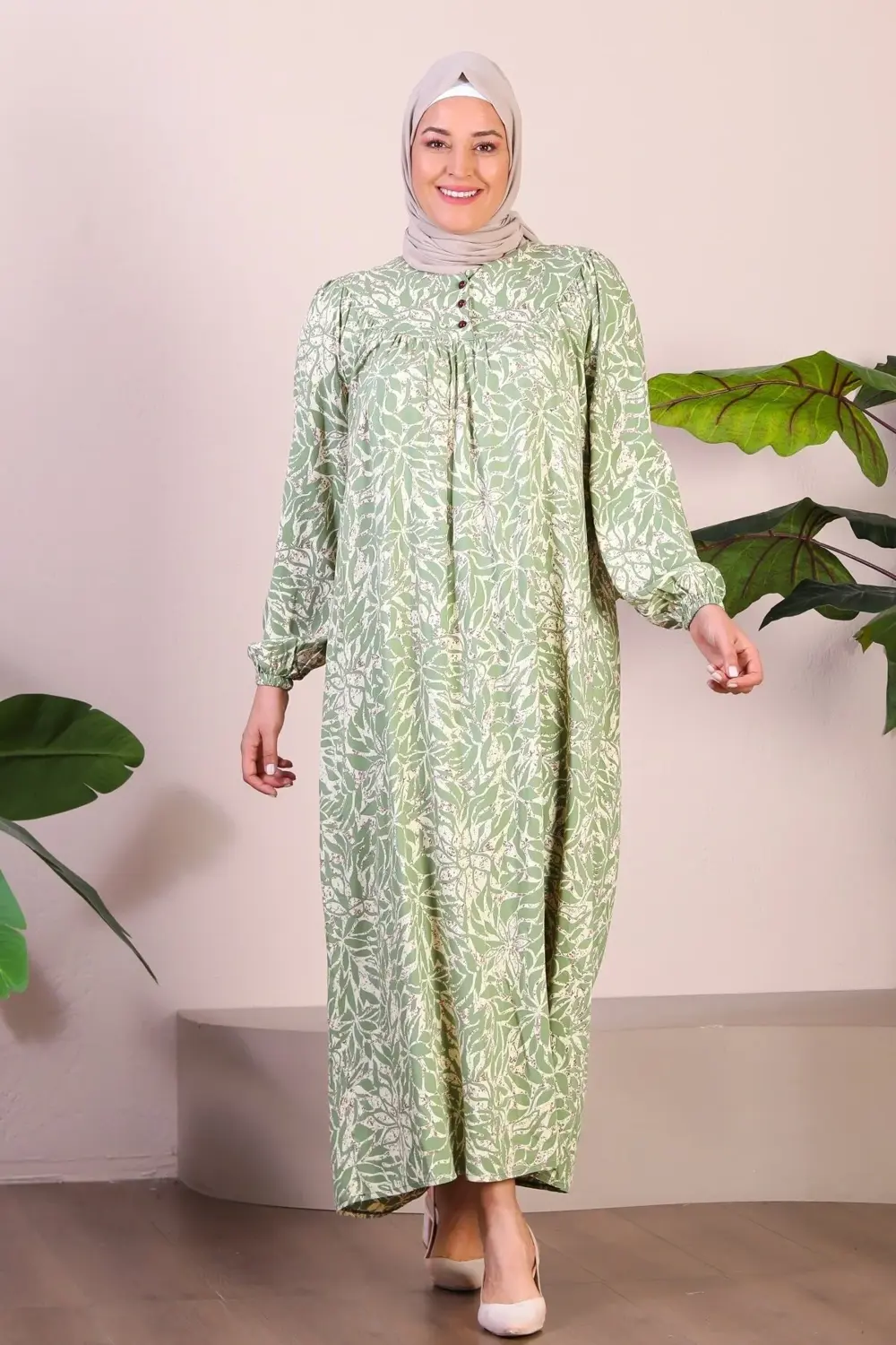 Kadın Uzun Buyuk Beden Anne Elbise Yazlik Tesettur Giyim Su Yeşil