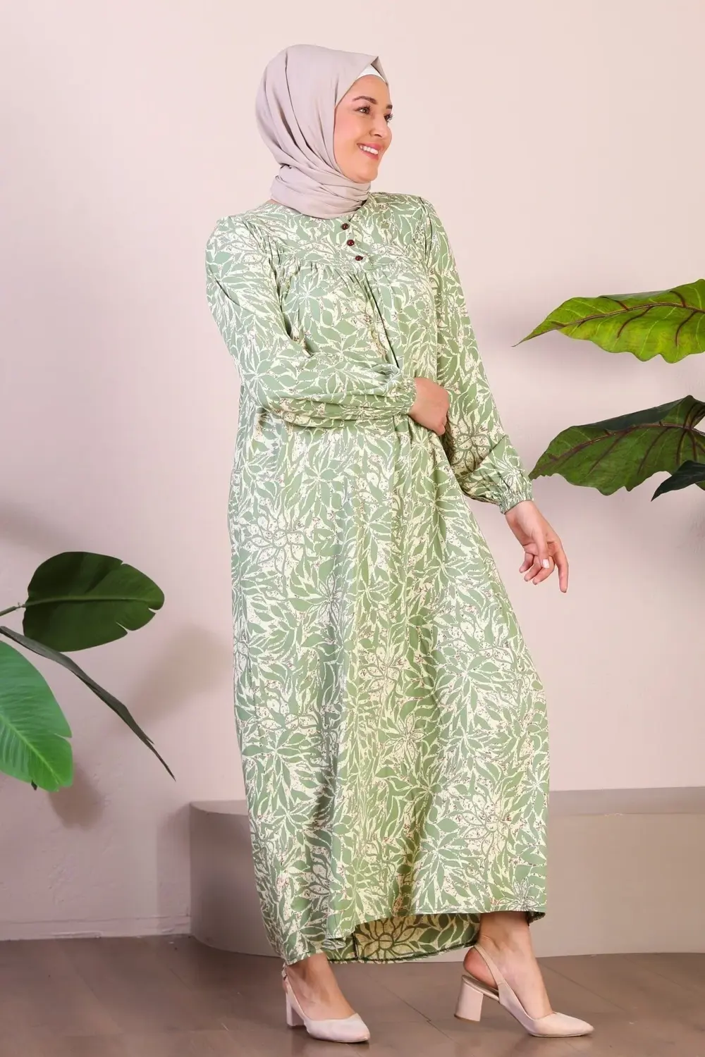 Kadın Uzun Buyuk Beden Anne Elbise Yazlik Tesettur Giyim Su Yeşil