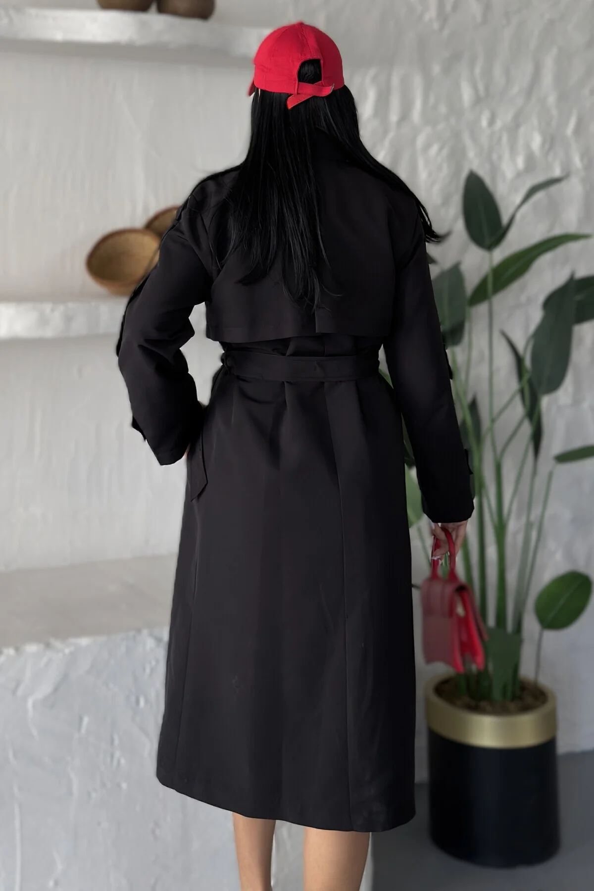 Kadın Uzun Keten Trençkot | Kruvaze Yaka Kuşaklı Çift Düğmeli Oversize Trenç Ceket