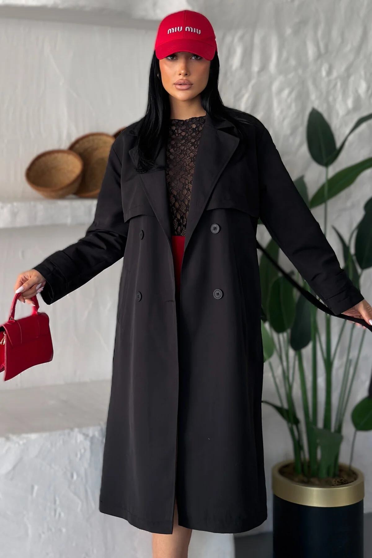 Kadın Uzun Keten Trençkot | Kruvaze Yaka Kuşaklı Çift Düğmeli Oversize Trenç Ceket