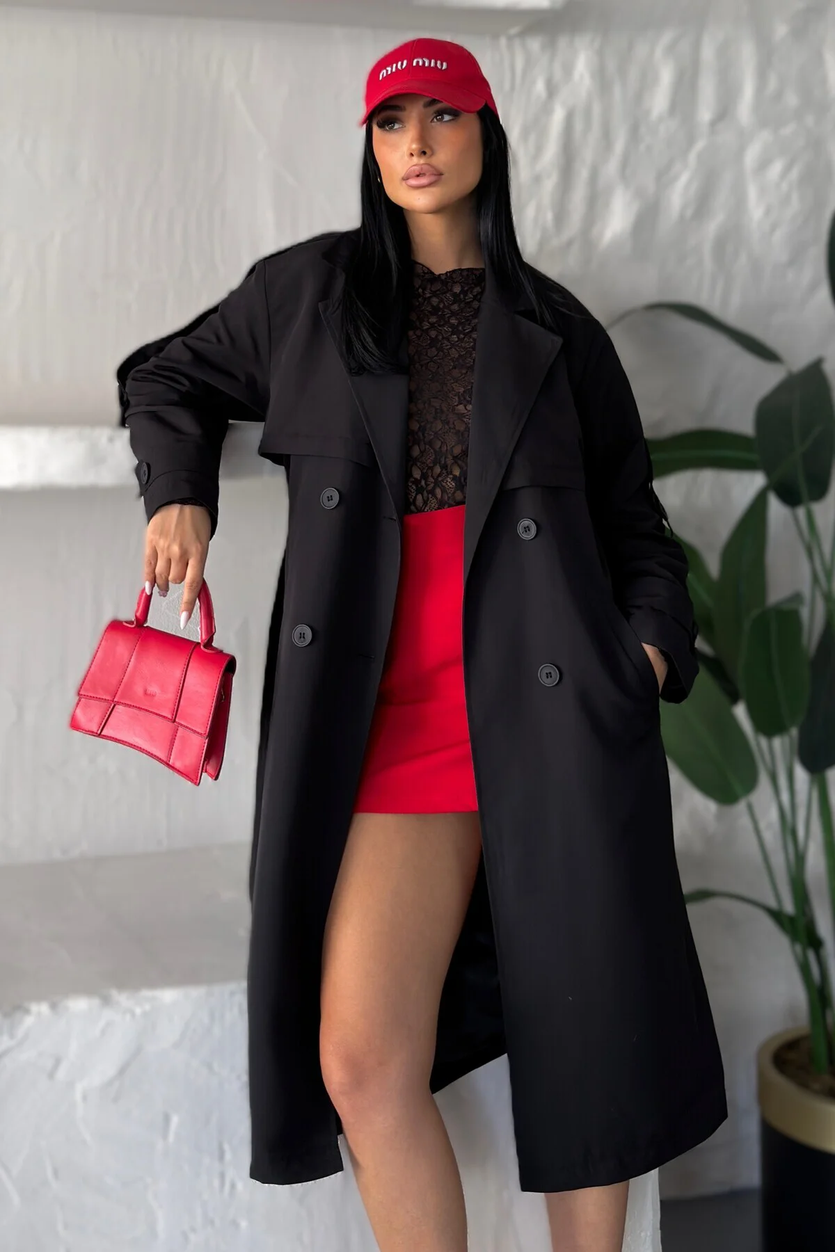 Kadın Uzun Keten Trençkot | Kruvaze Yaka Kuşaklı Çift Düğmeli Oversize Trenç Ceket