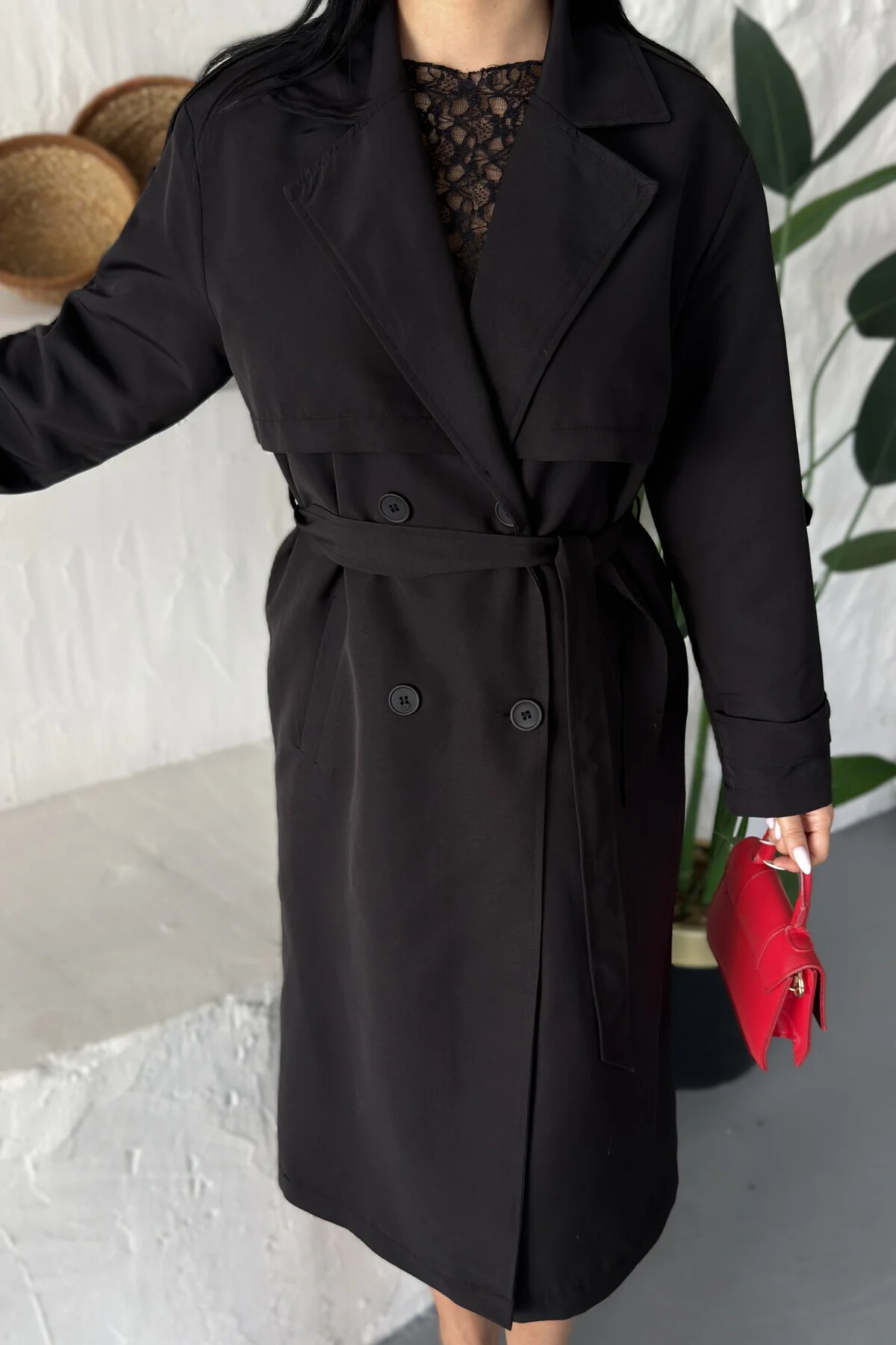 Kadın Uzun Keten Trençkot | Kruvaze Yaka Kuşaklı Çift Düğmeli Oversize Trenç Ceket