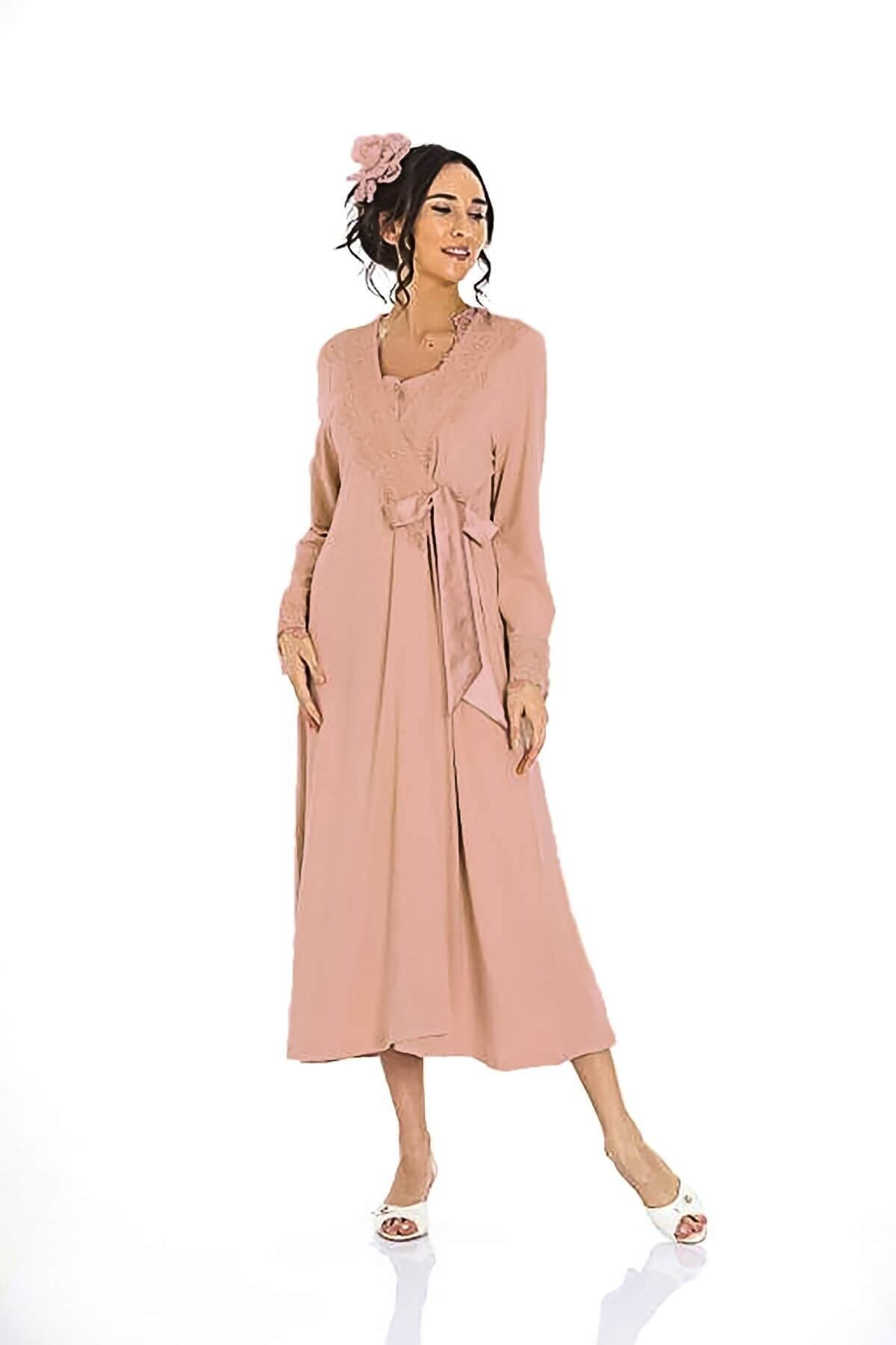 Limissi Pijama Kadın Uzun Kol Güpür Detaylı Sabahlık