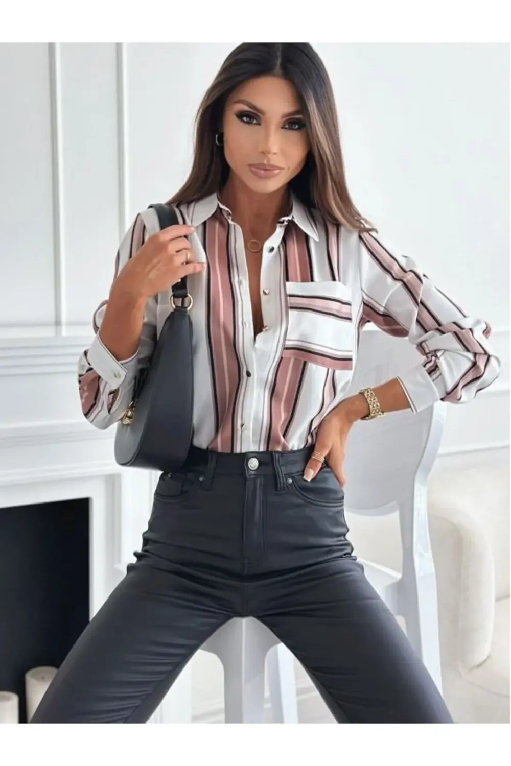 Kadın Uzun Kol Cep Detay Dijital Baskılı Mosskrep Kumaş Gömlek