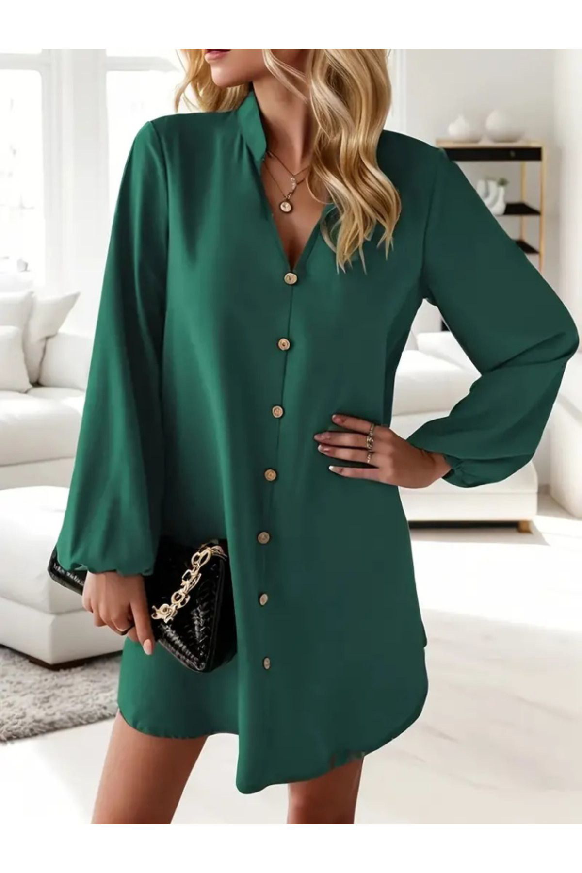 Kadın Uzun Kollu V Yakalı önden Düğmeli Kısa Sandy Elbise
