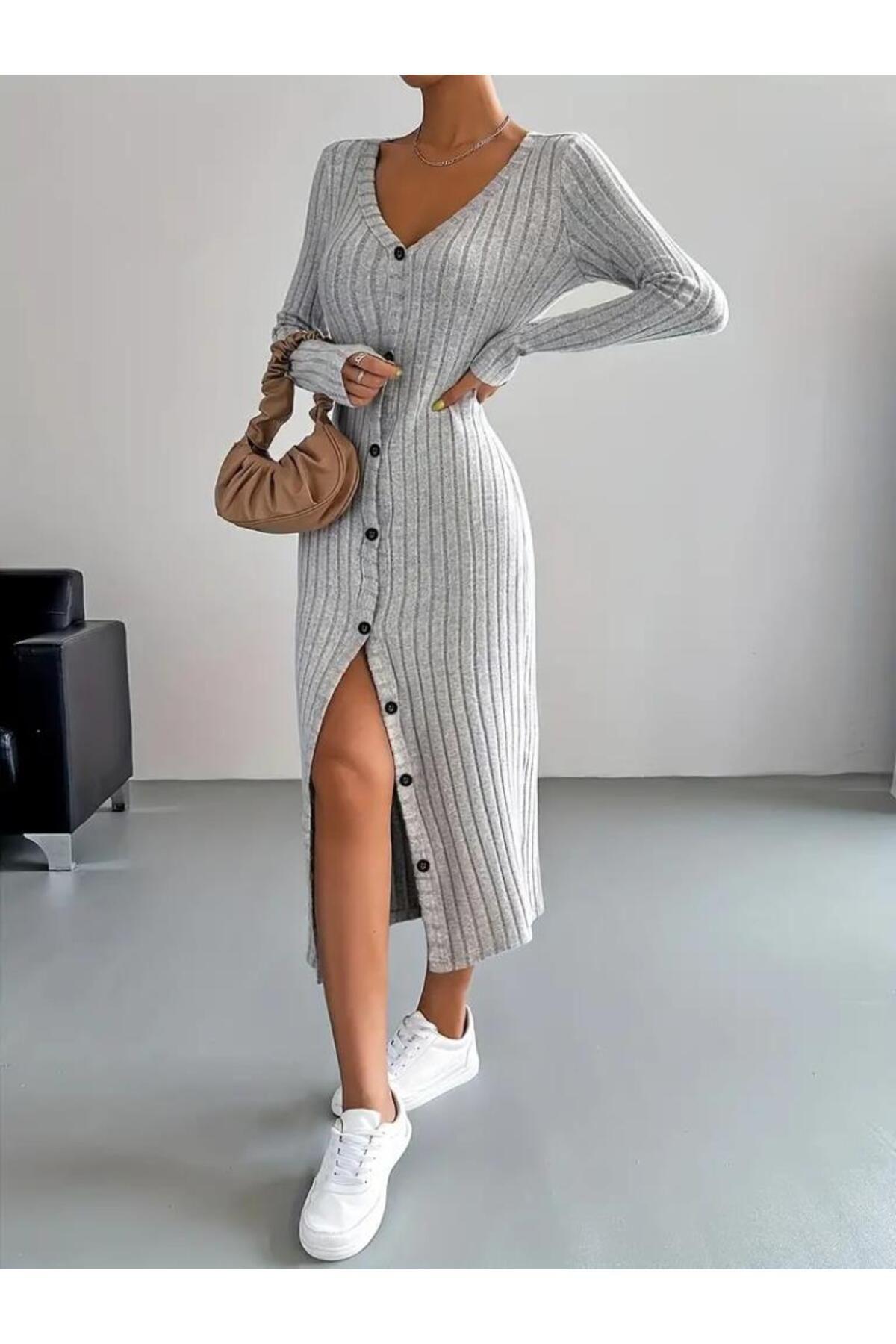 Kadın Uzun Kollu V Yakalı önden Düğmeli şardonlu Kaşkorse Elbise