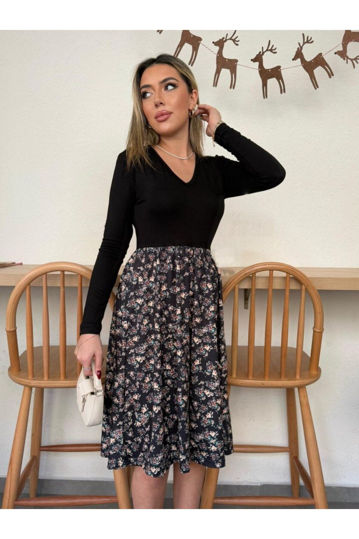 Kadın Uzun Kollu V Yakalı üst Viskon Alt çiçek Desenli Süprem Kıs