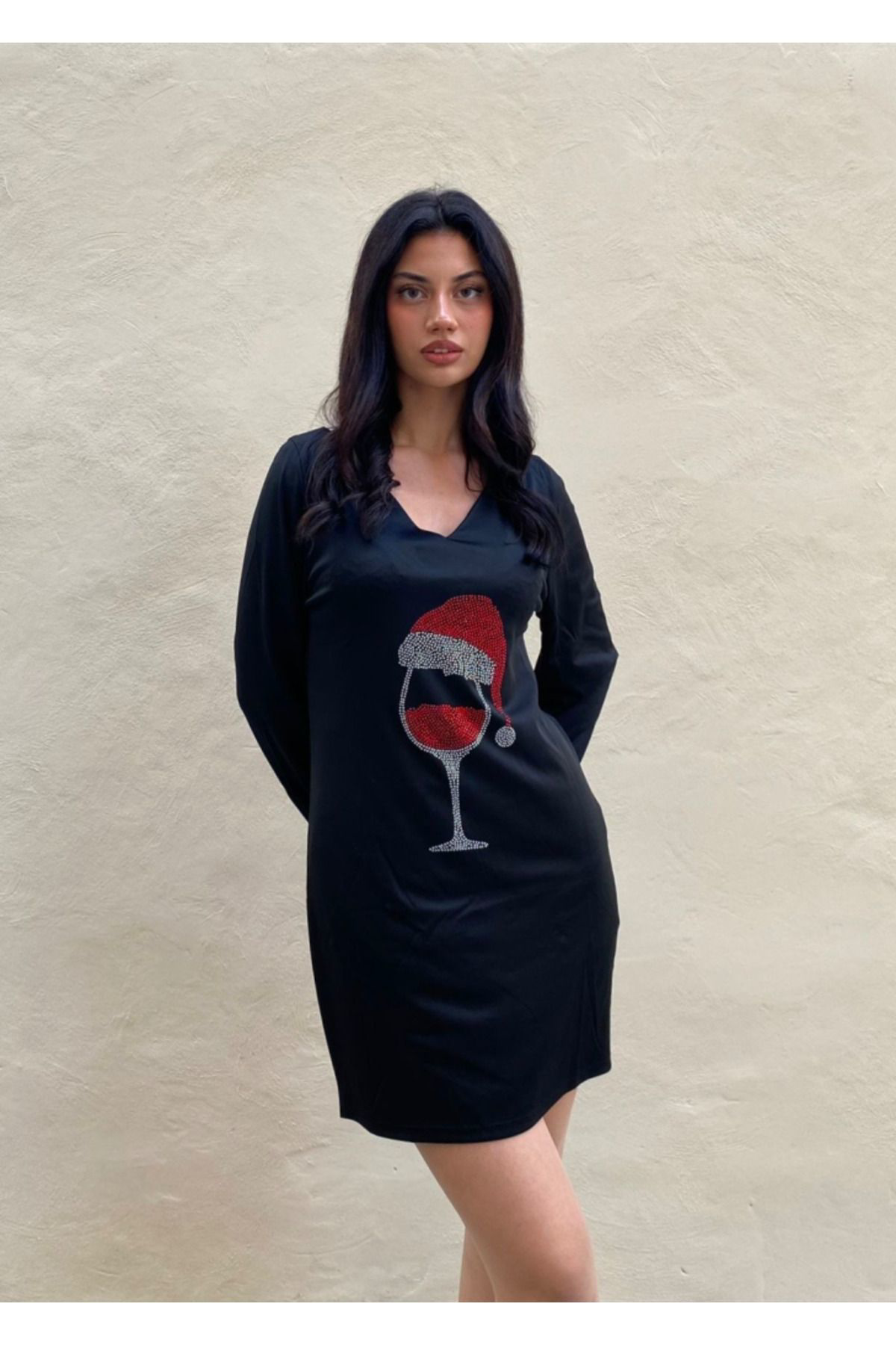 Kadın Uzun Kollu V Yaka Baskılı Dalgıç Kumaş Elbise