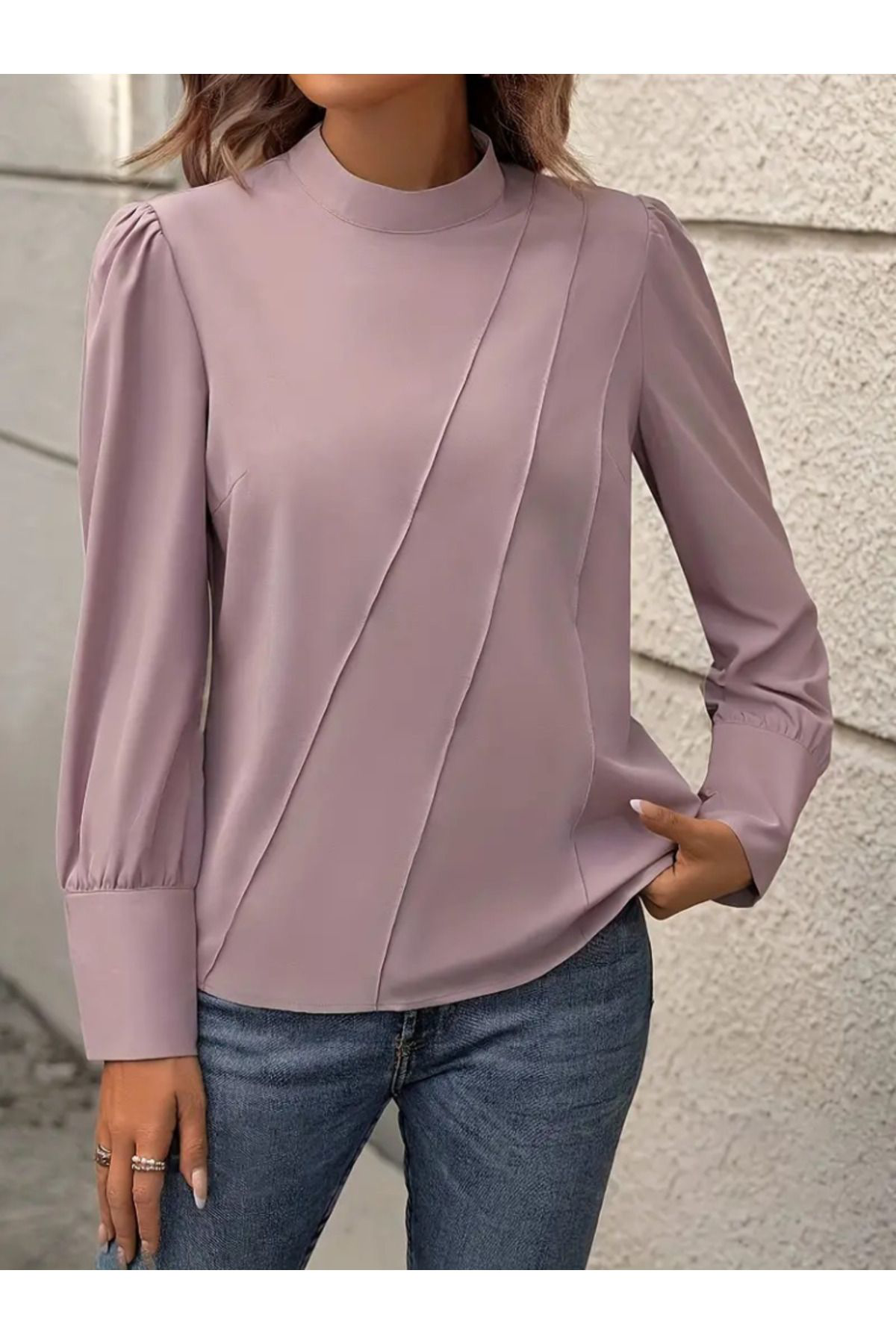 Kadın Uzun Kollu Balıkçı Yaka önden Dikişli Dokuma Bluz
