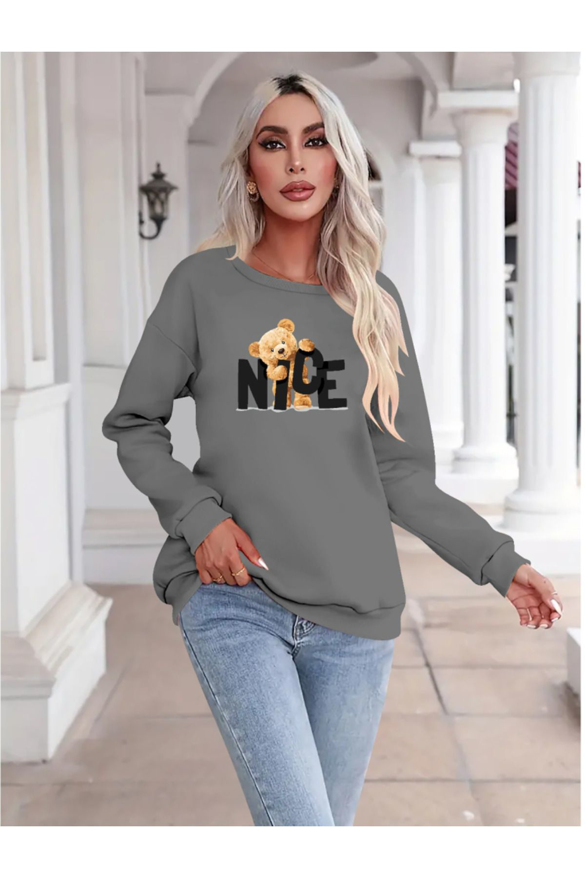 Kadın Uzun Kollu Bisiklet Yaka Viskon Iki Iplik Bluz