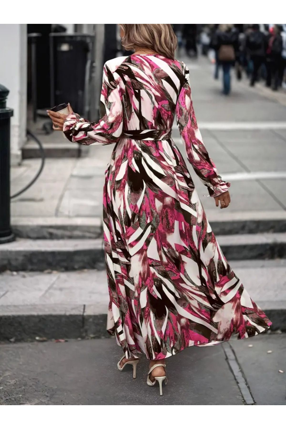 Kadın Uzun Kollu Kruvaze Yaka Belden Kuşaklı Desenli Süprem Elbis