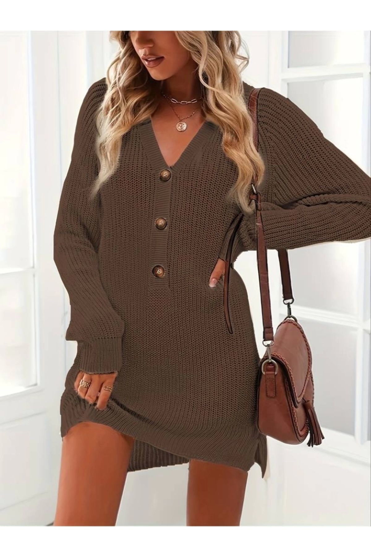 Kadın Uzun Kollu V Yakalı önden Düğmeli Kısa Triko Elbise