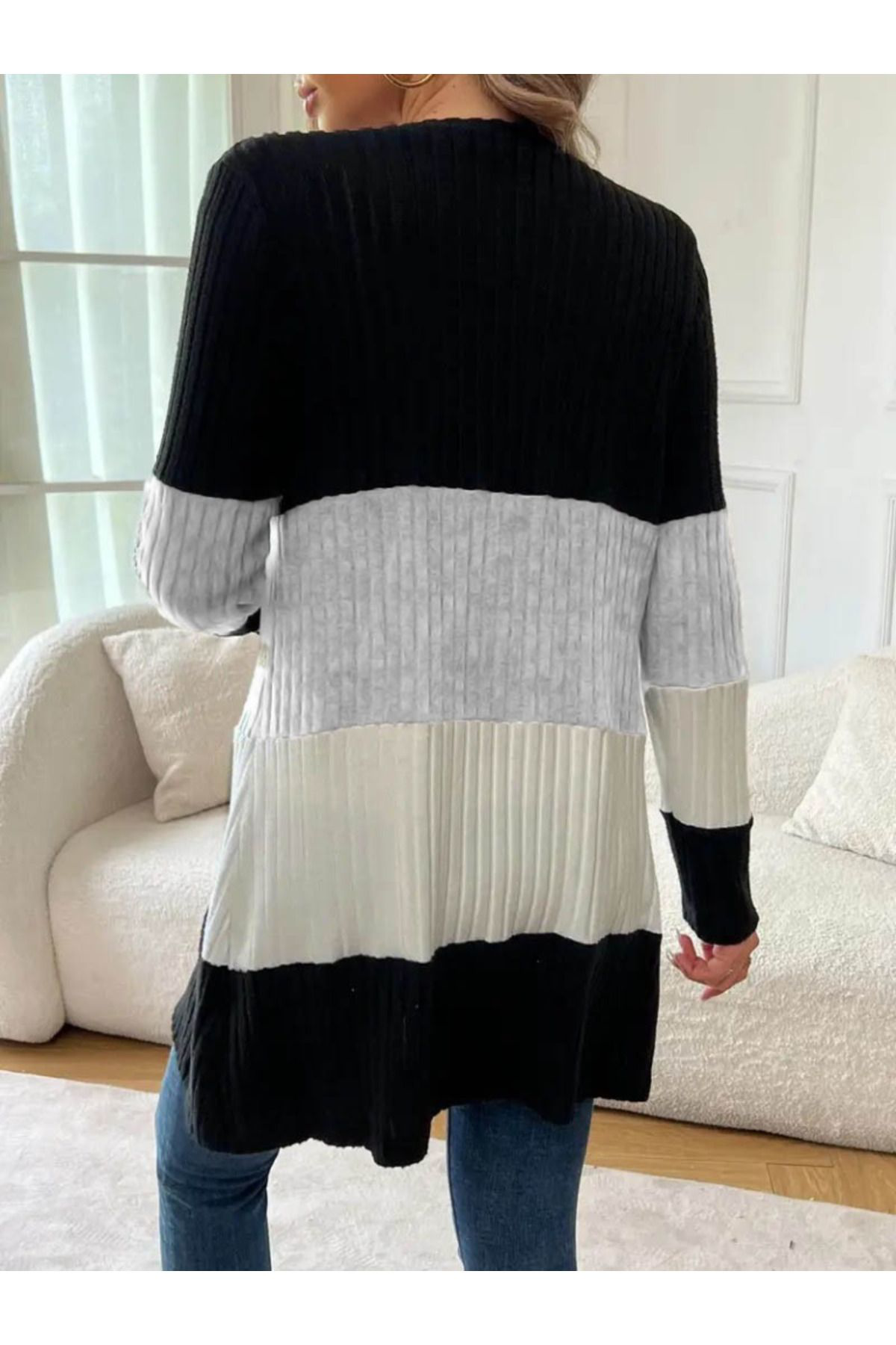 Beste Gürel Kadin Uzun Kollu Çok Renkli Önden Düğmeli Uzun Kişlik Ceket