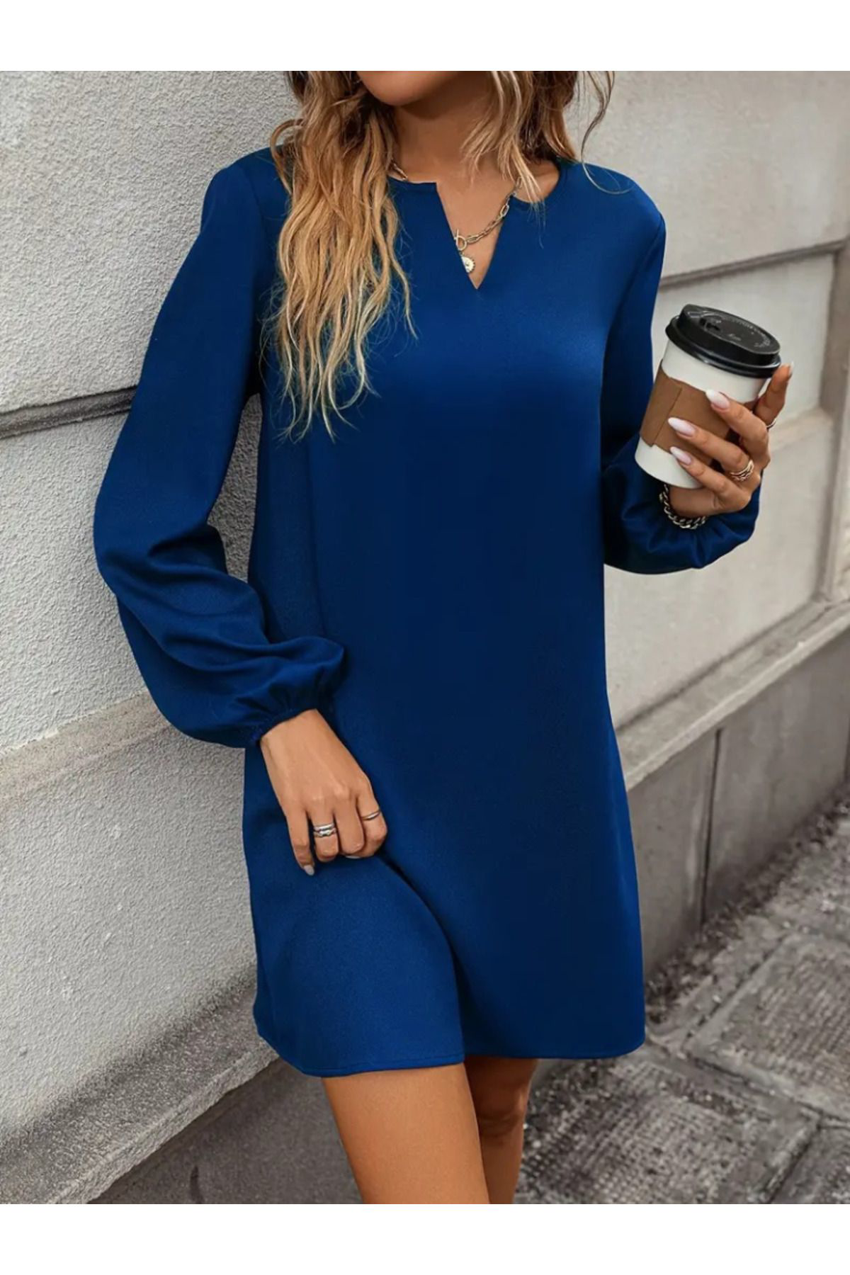 Kadın Uzun Kollu V Yakalı Salaş Ithal Krep Elbise