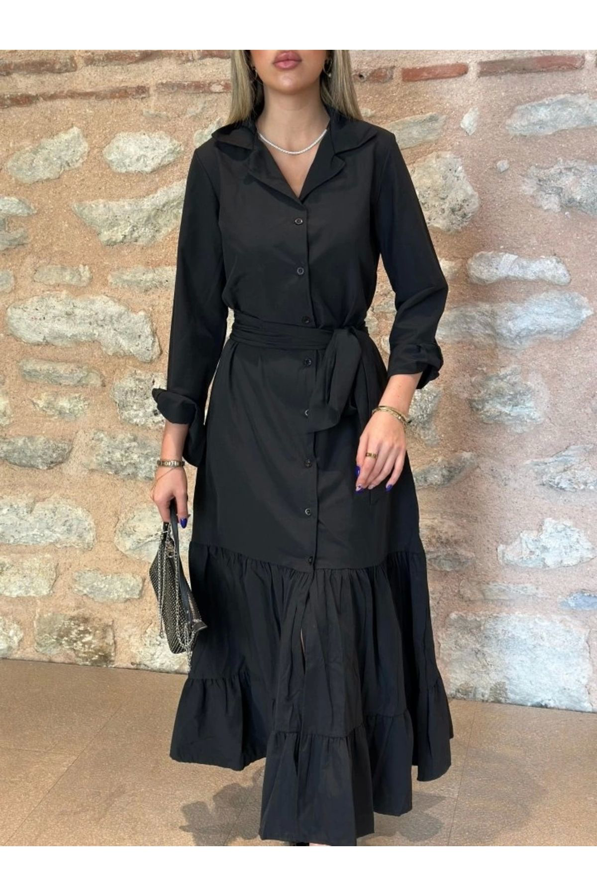 Kadın Uzun Kollu Eteği Fırfırlı Beli Kuşaklı Trikoton Tam Boy Göm