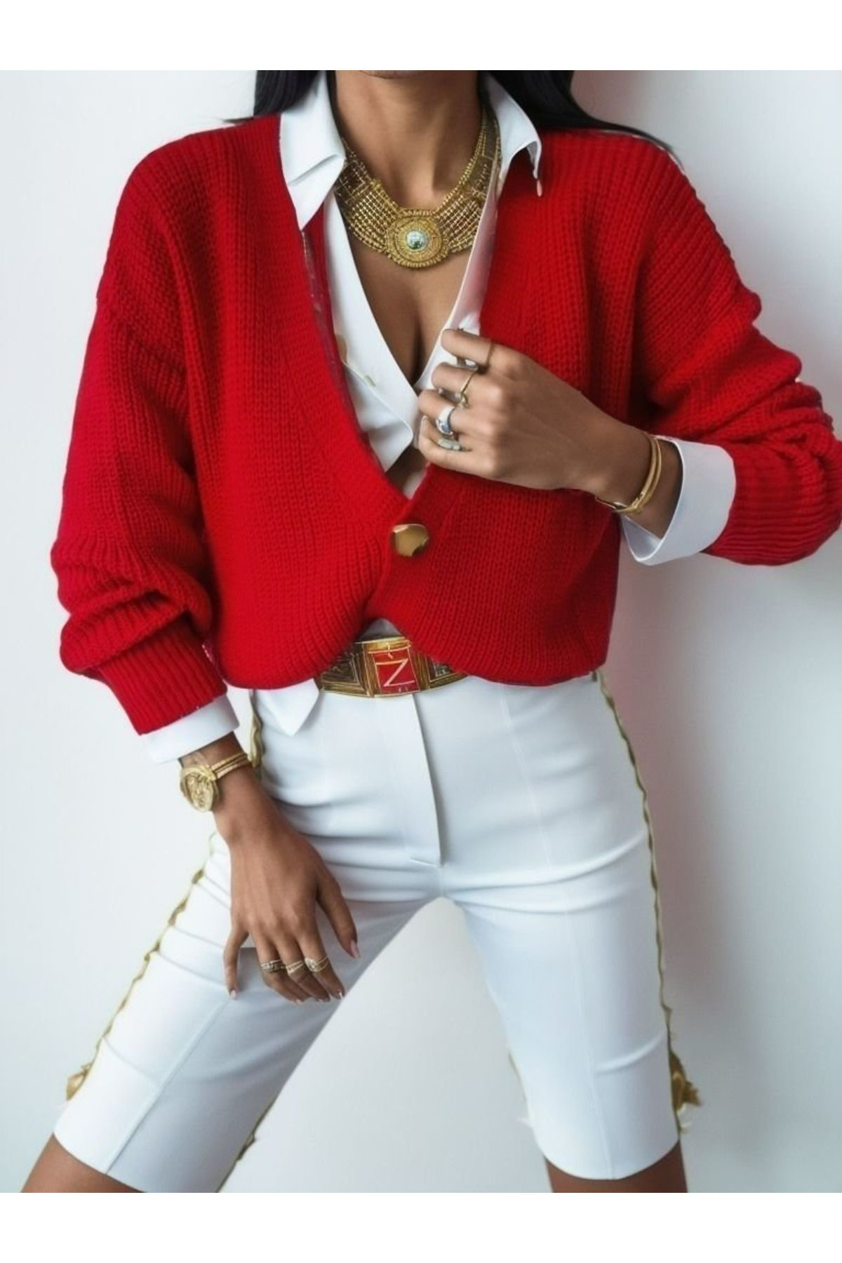 Kadın Uzun Kollu Düğme Detay Triko Bluz