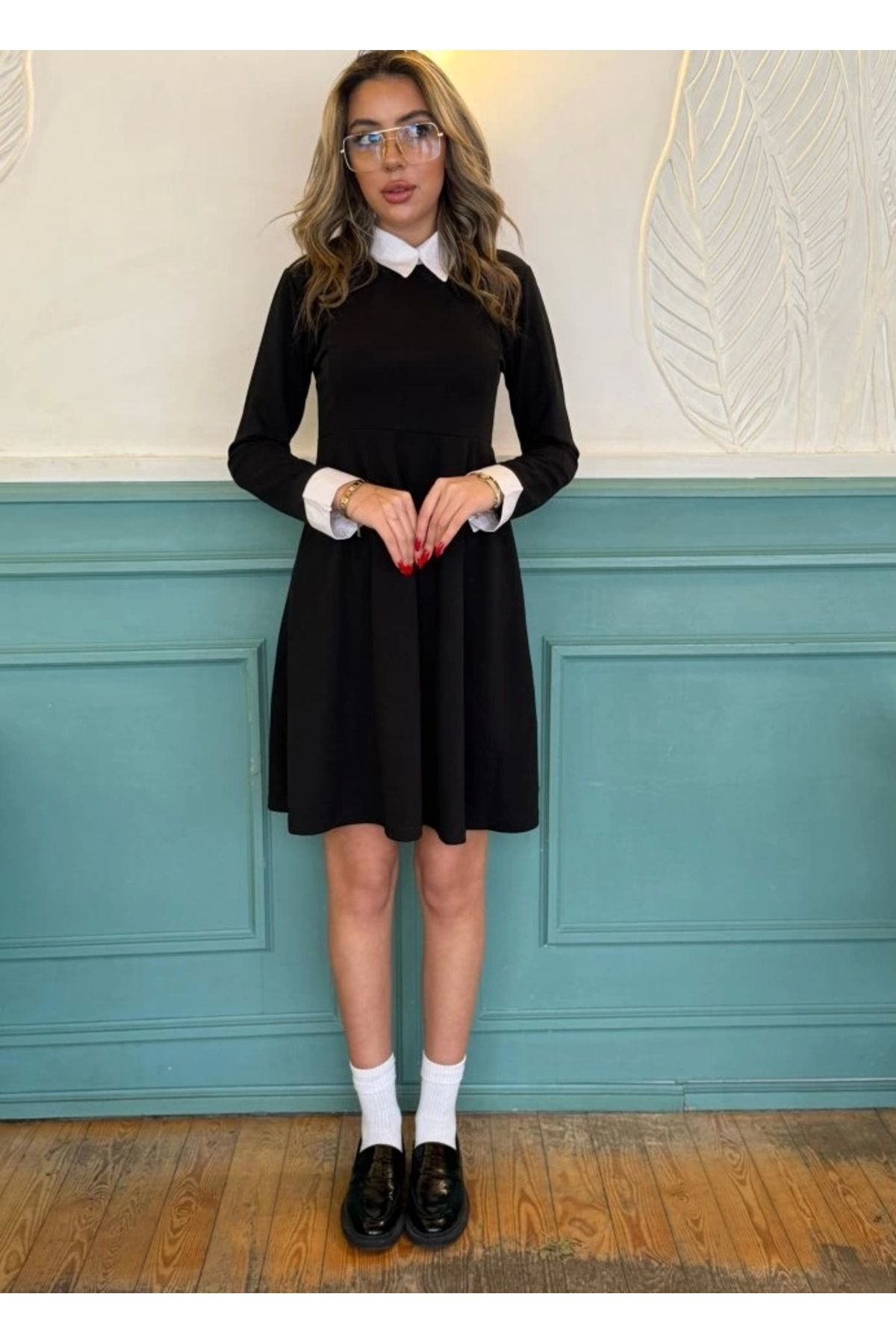 Kadın Uzun Kollu Gömlek Yaka Krep Kumaş Elbise