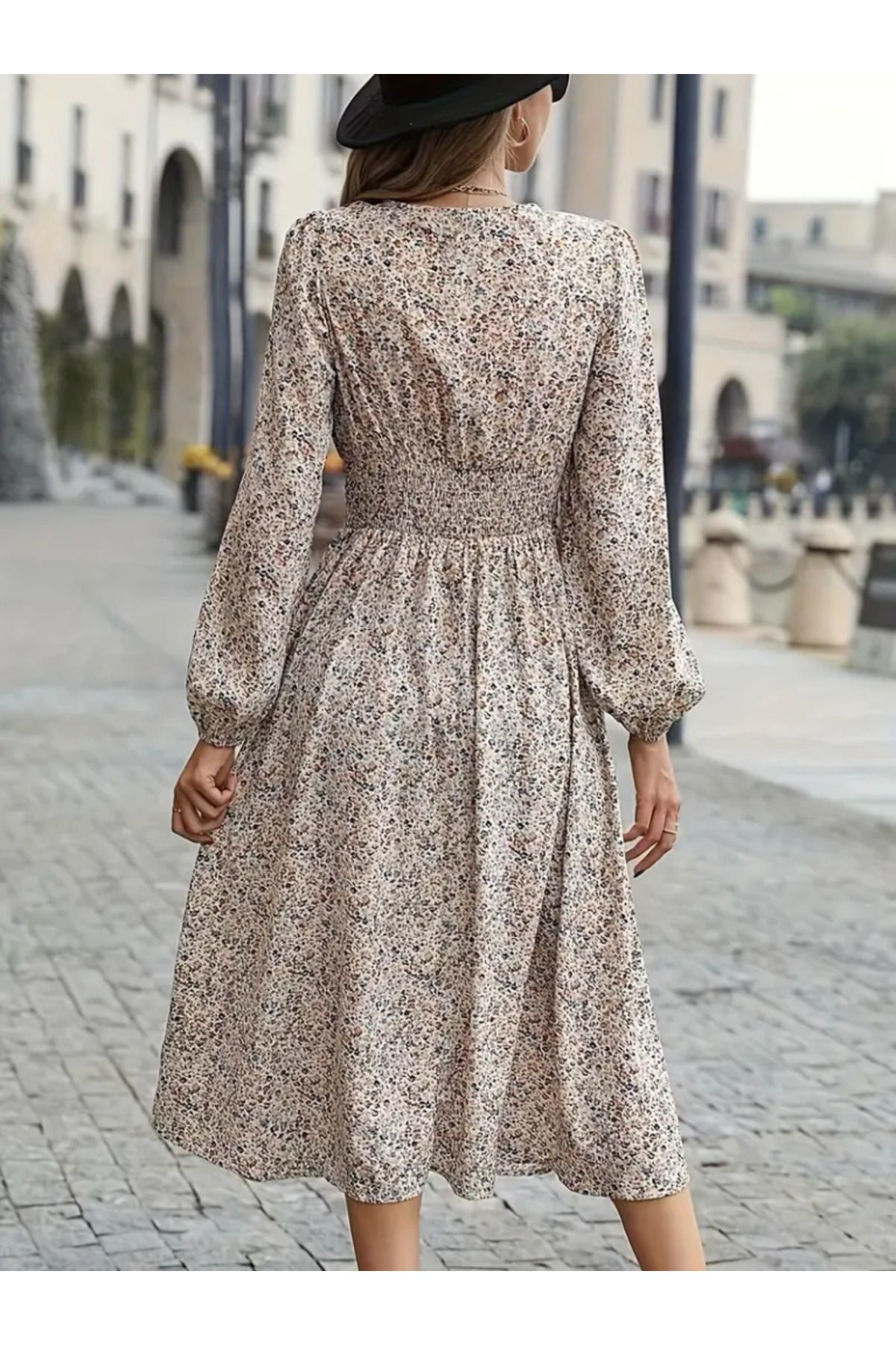 Kadın Uzun Kollu Kruvaze Yaka Beli Lastikli Kiloş Desenli Midi Sü