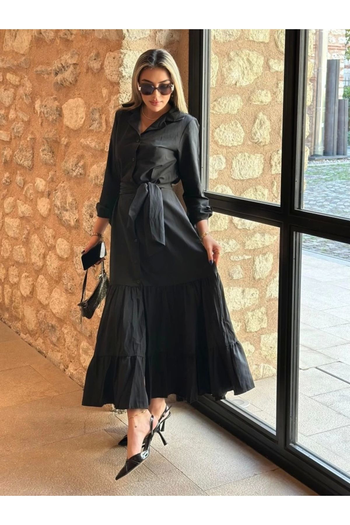 Kadın Uzun Kollu Eteği Fırfırlı Beli Kuşaklı Trikoton Tam Boy Göm