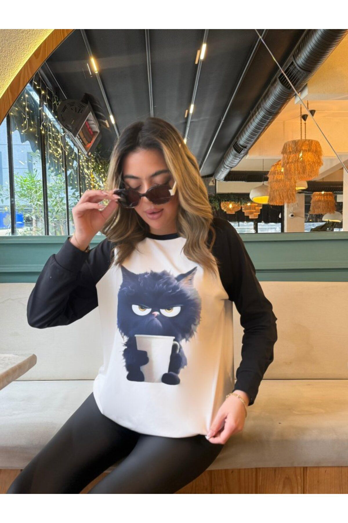Creis Kadin Uzun Kollu Bisiklet Yaka Kedi Baskili Şardonlu Dalgiç Bluz