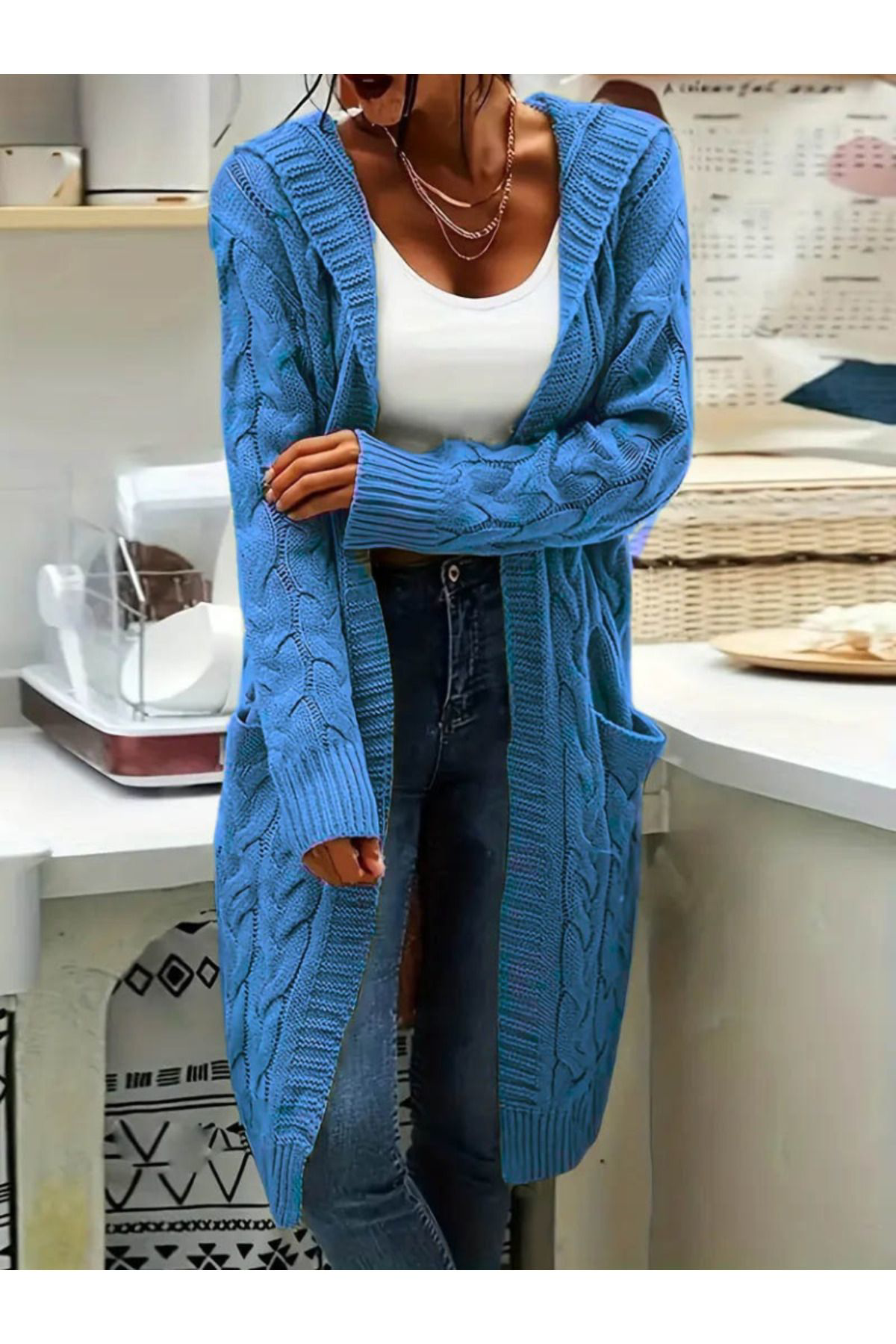 Tommy Hilfiger Kadin Uzun Kollu Kapşonlu Önü Açik Cepli Midi Hirka