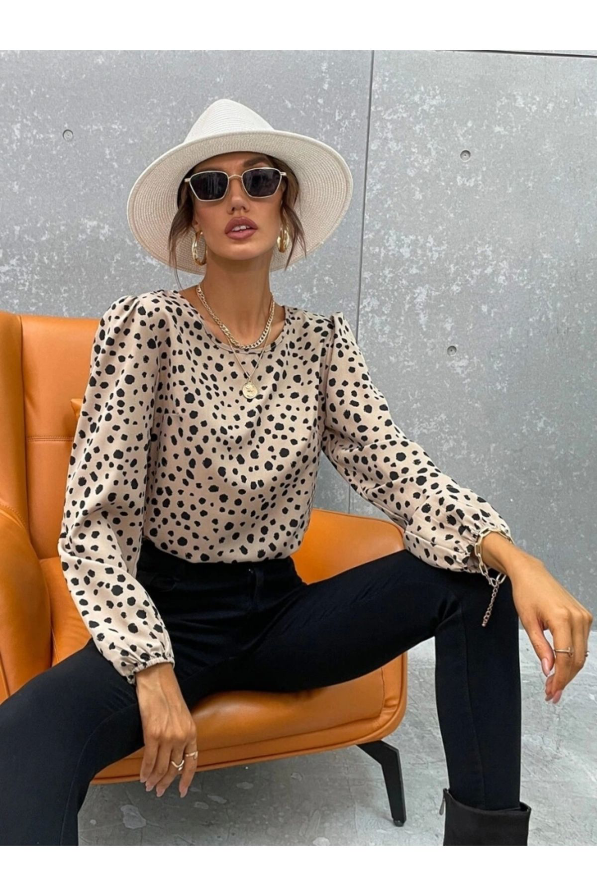 Kadın Uzun Kollu Bisiklet Yaka Desenli Bluz